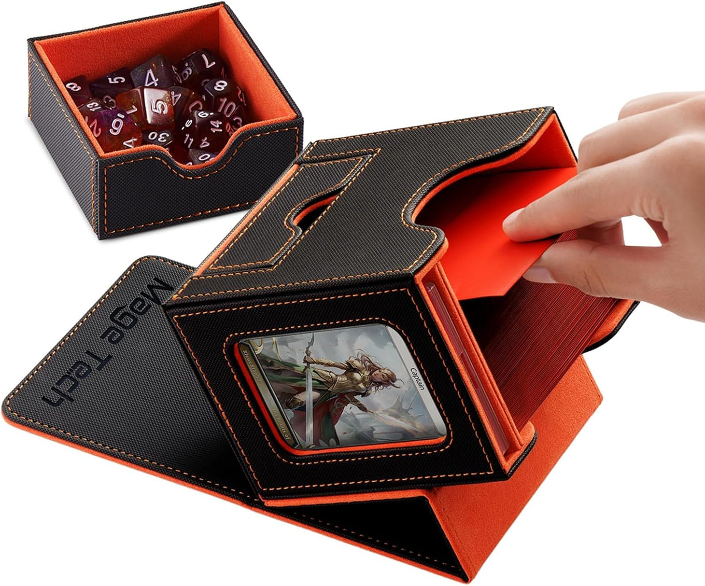 Commander Deckbox für MTG mit Karten- und Würfelschale, 1. Classic (Dunkelgrau/Orange)