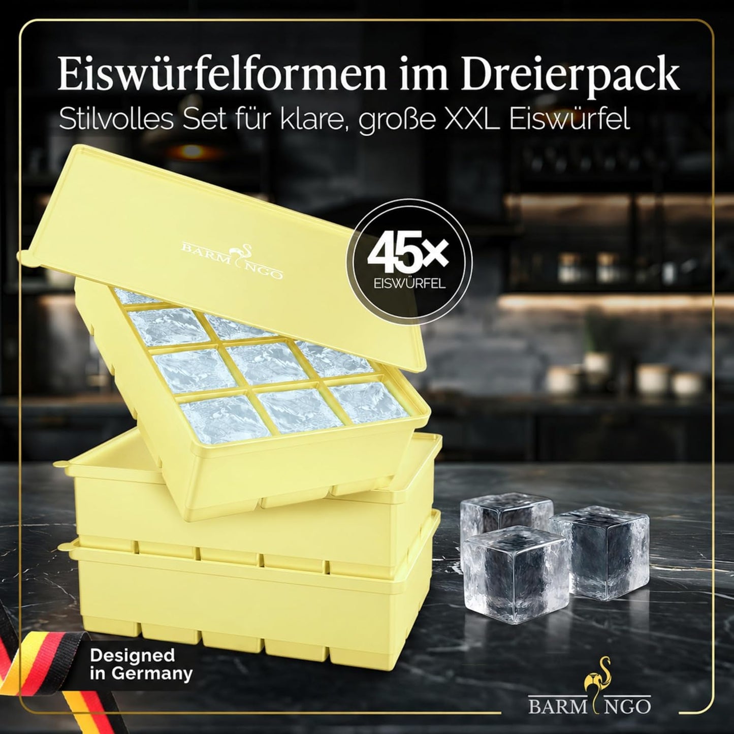 3er Set Eiswürfelform mit Deckel, 15 XXL Würfel Pastell Gelb 3