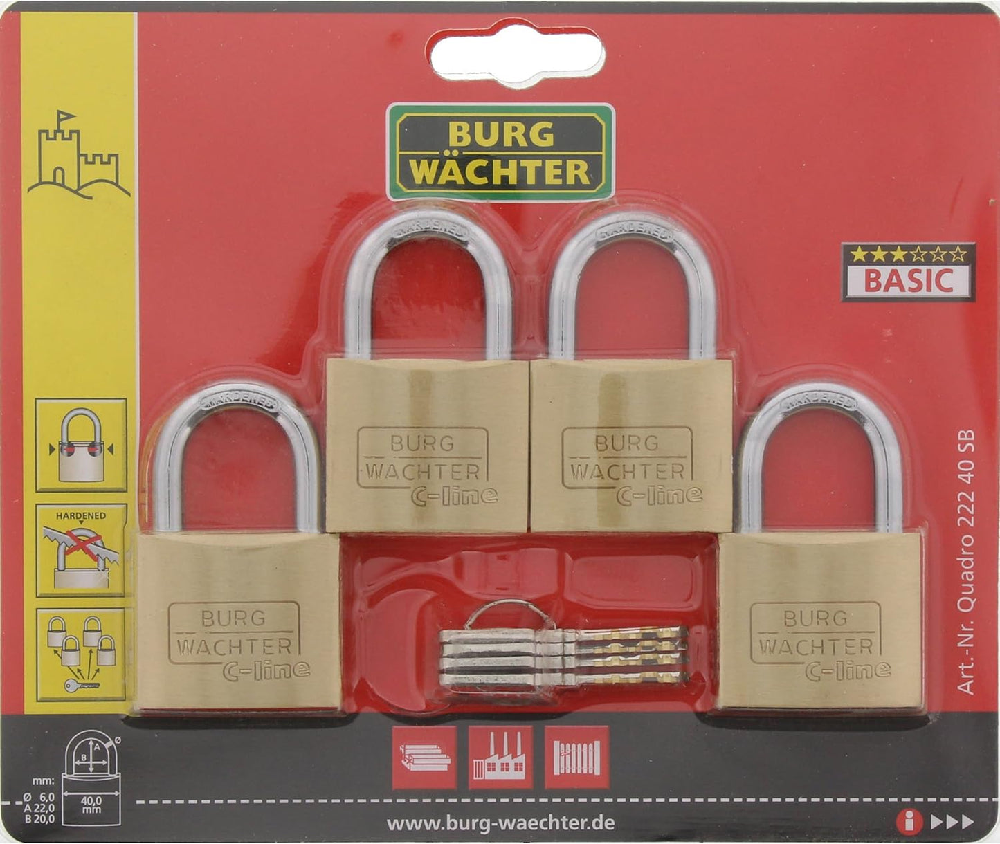 4er-Set Vorhängeschloss mit Schlüssel, Bügelstärke: 6,0 mm