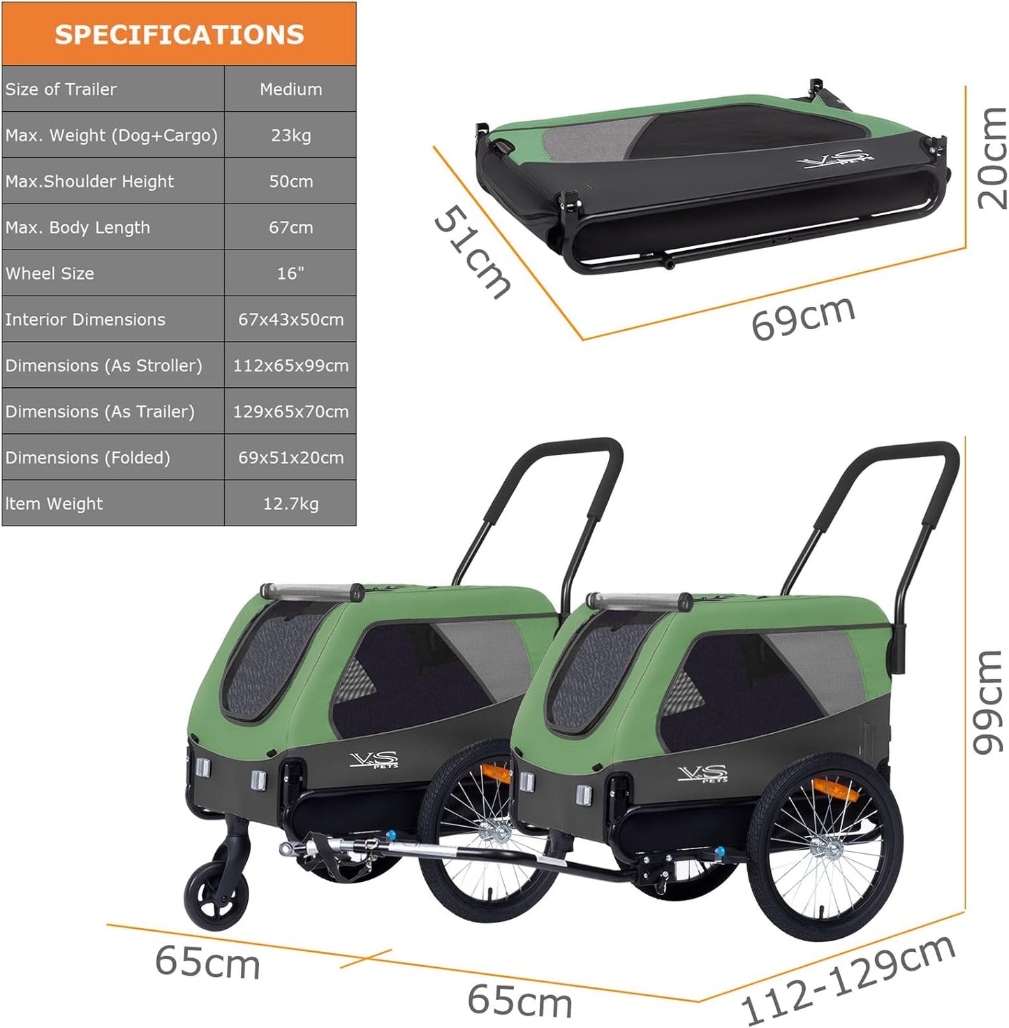 VS 2in1 Hundeanhänger & Buggy, Grün/Grau