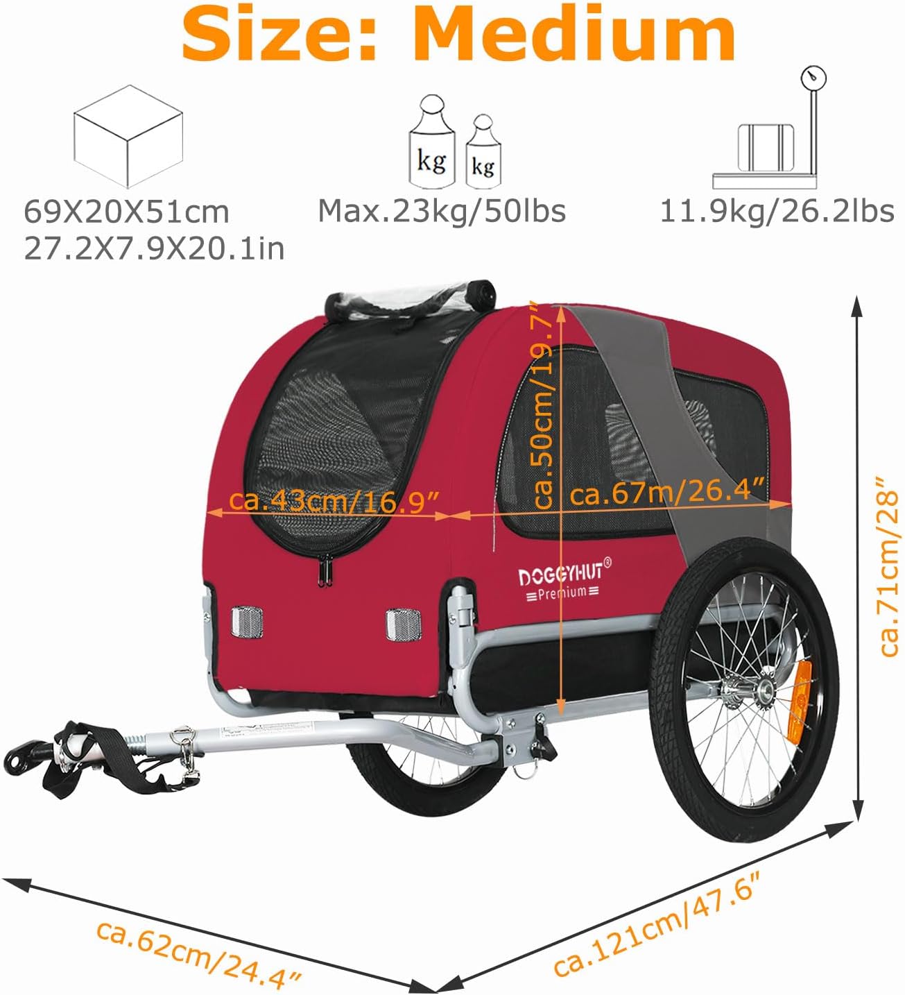 Doggyhut Velo Hundeanhänger klappbar für Hunde bis 23 kg, ROT