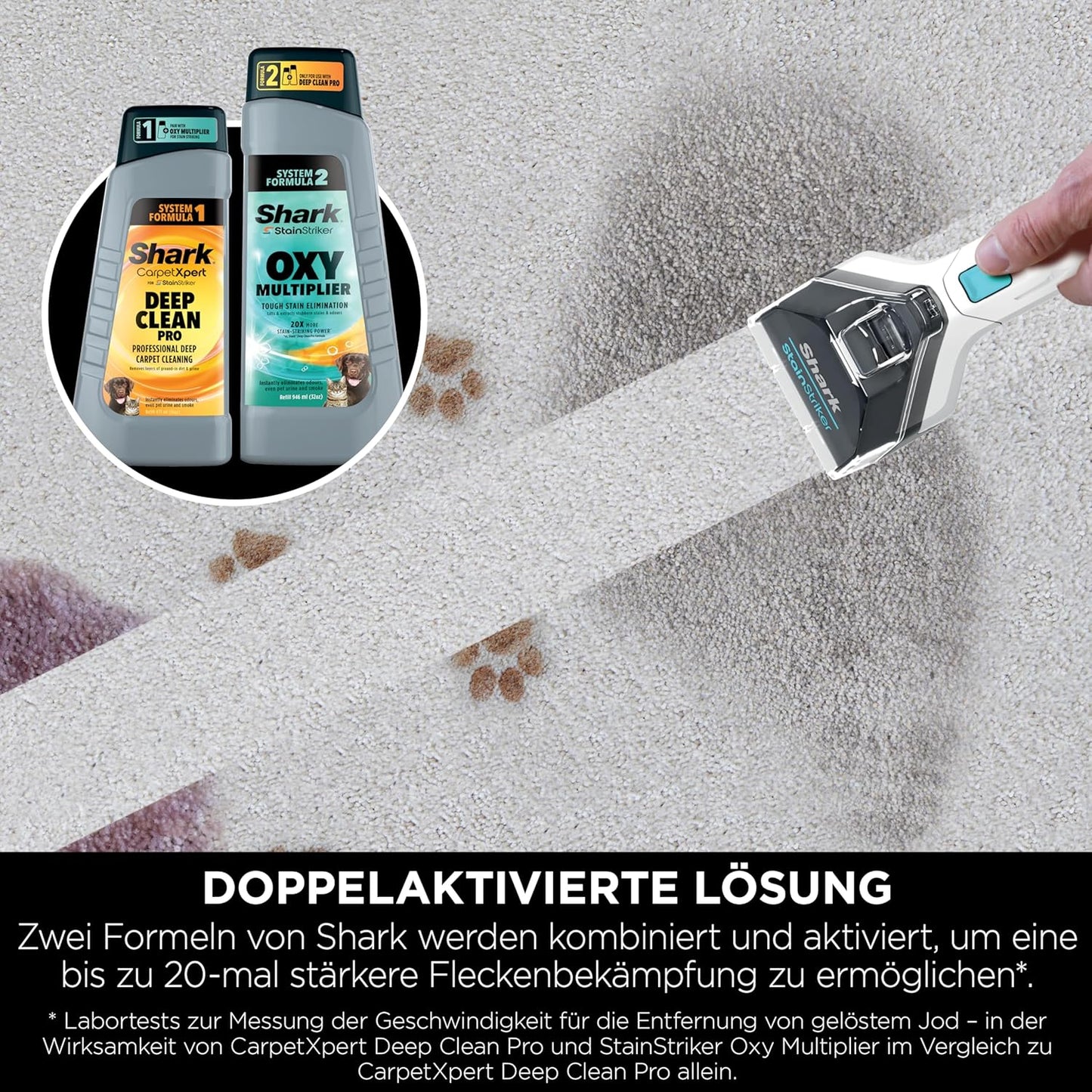 StainStriker Fleckenreiniger mit 4 Aufsätzen und Spezialformeln, StainStriker Lösung Starterflaschen