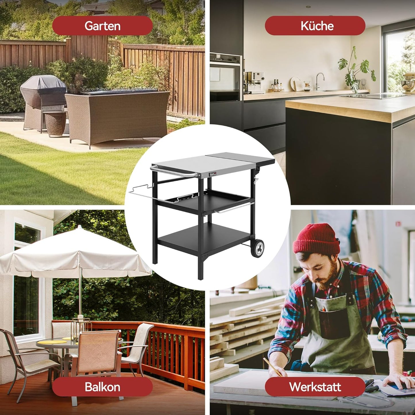 3-Etagen Grilltisch mit klappbarer Seitenablage und Müllsackhalterung
