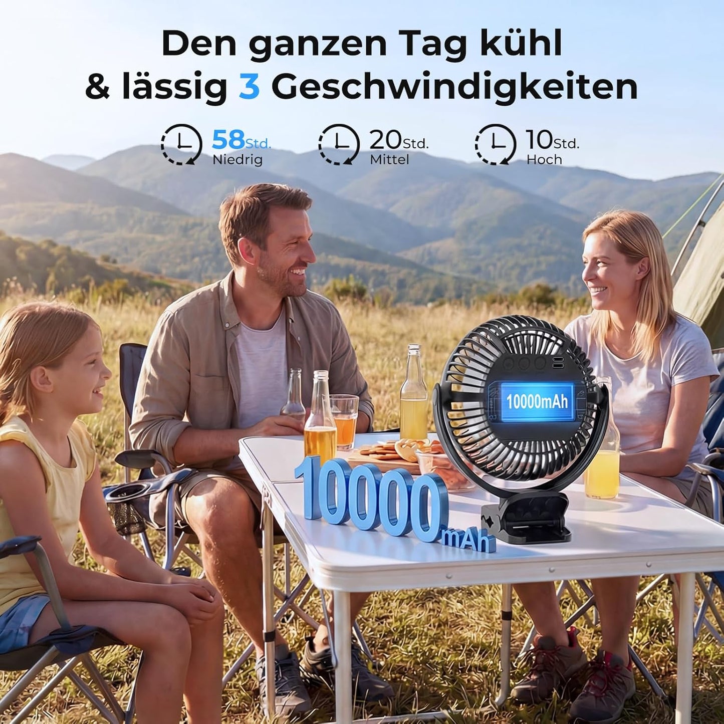 Campingventilator mit LED-Licht und Powerbank-Funktion, 20cm