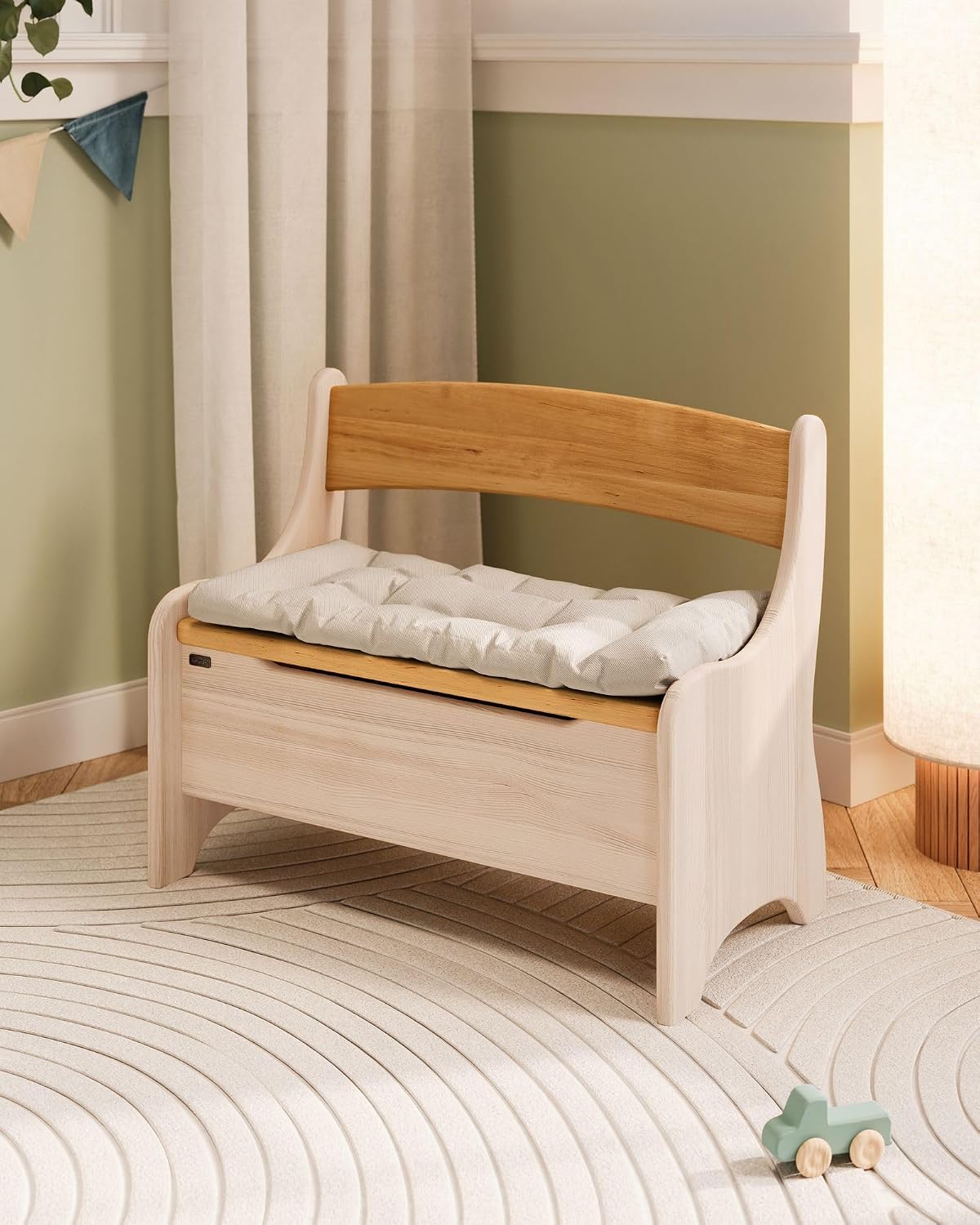 Kindersitzbank Levin mit Geheimfach, Erle Natur, Geölt + Kiefer Naturweiss, Lasiert
