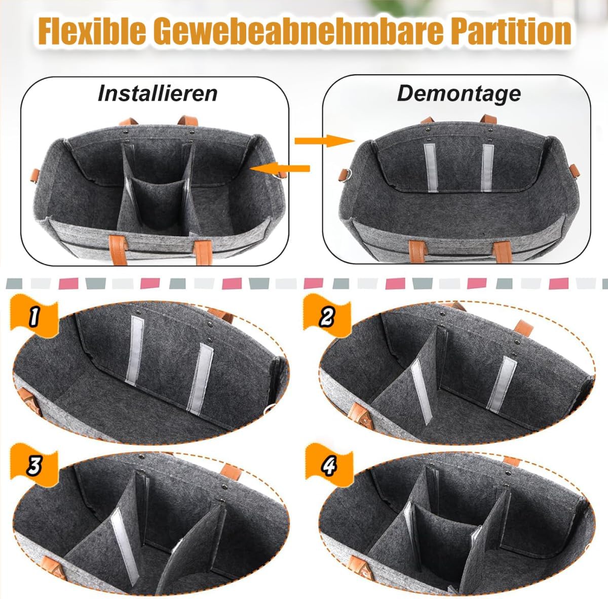 Filztasche mit Fächern, 1er - 40x27x27 cm Dunkelgrau