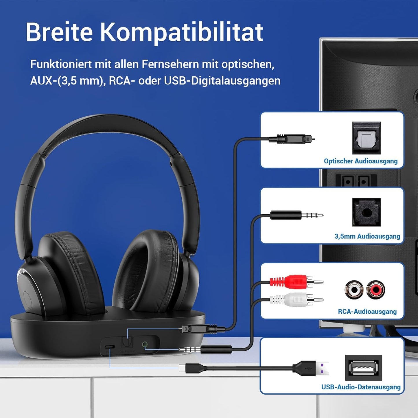 Kabellose TV-Kopfhörer mit Ladestation, Black