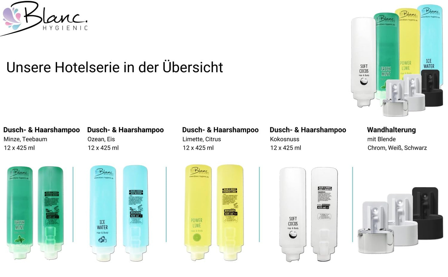 Shampoo-Duschgel-Set mit Wandhalterungen (16-teilig), aquatisch mit schwarzer Wandhalterung