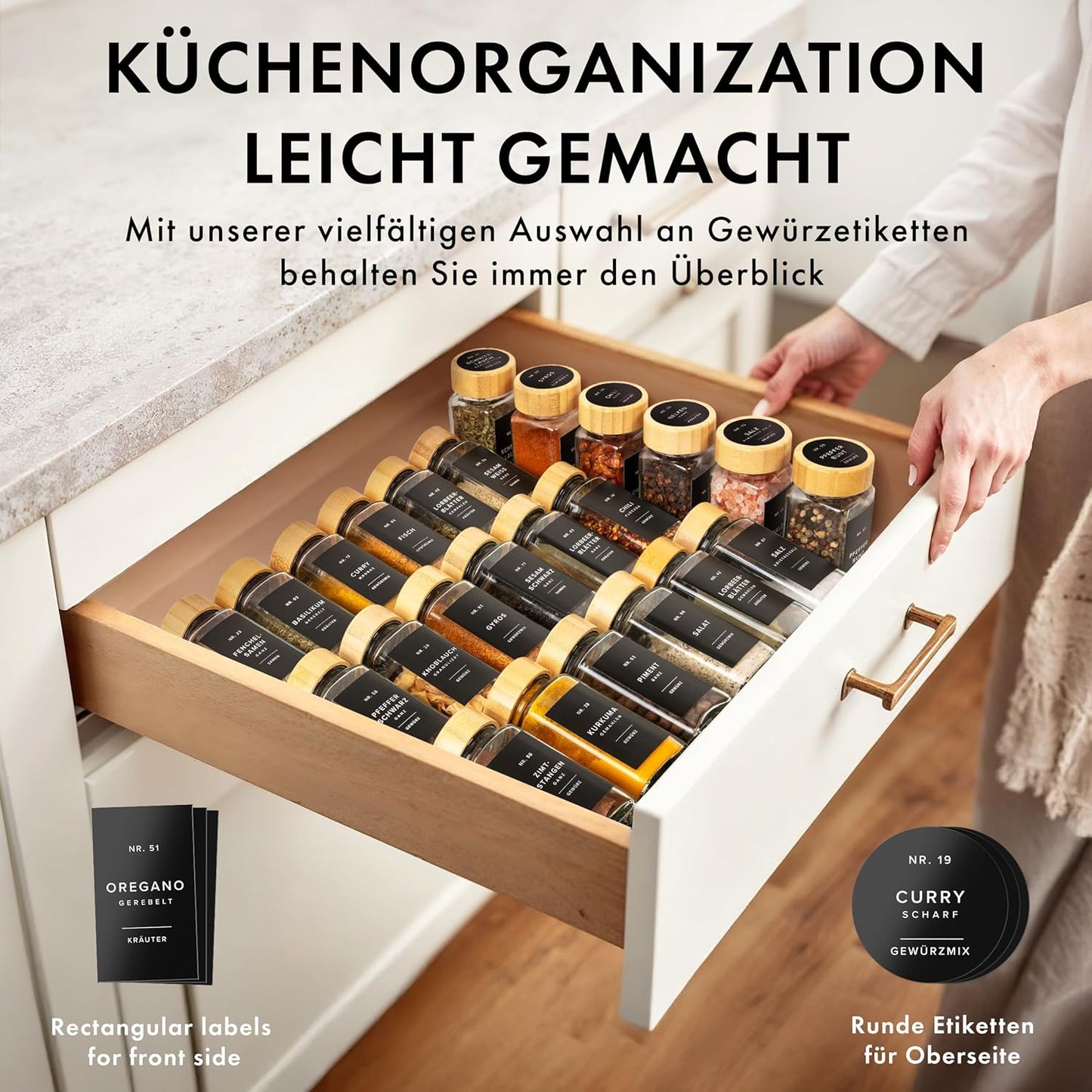 24er-Set Eckige Gewürzgläser, Bambus Dunkler Deckel