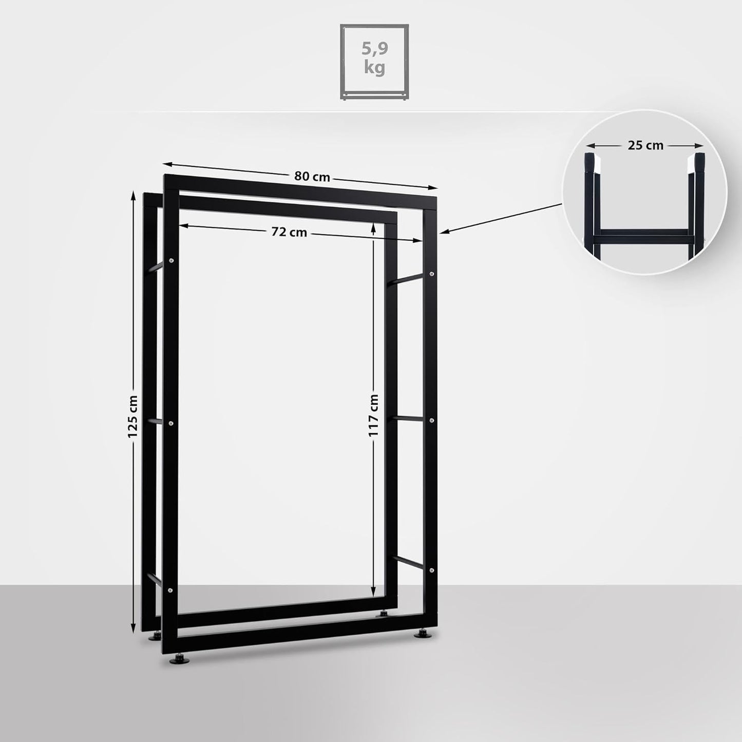 Kaminholzregal Keri V2 mit Bodenschonern, 25x80x125 cm, Schwarz