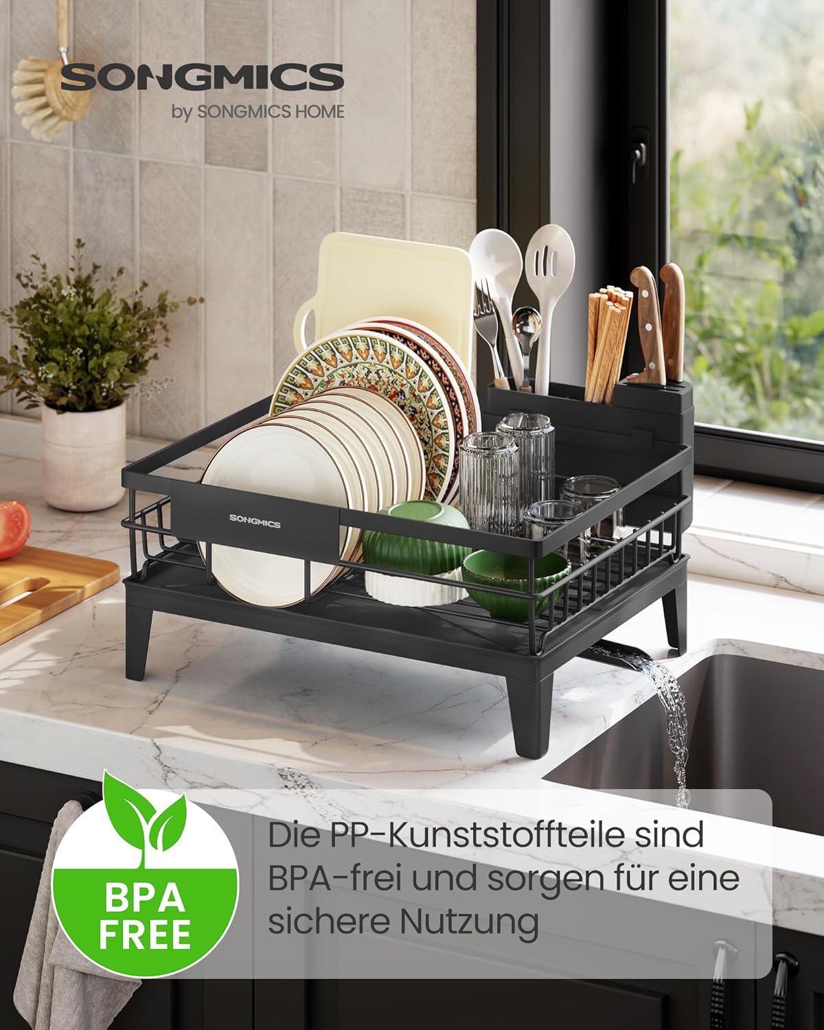 Abtropfgestell mit Besteckhalter und drehbarem Ablauf, Tintenschwarz 1 Stufiger