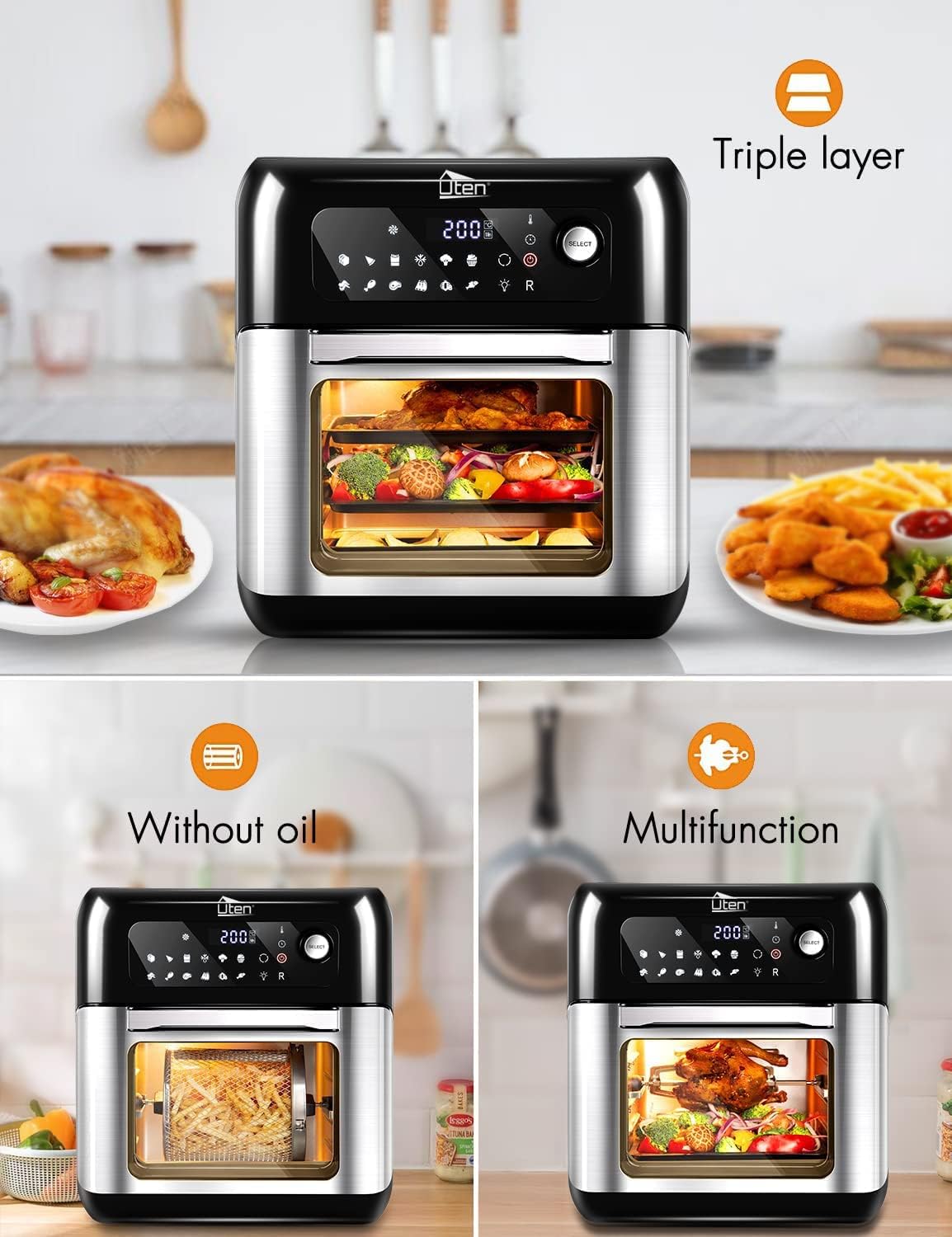 Multifunktions-Heissluftfritteuse, 10L, mit Touchscreen Schwarz