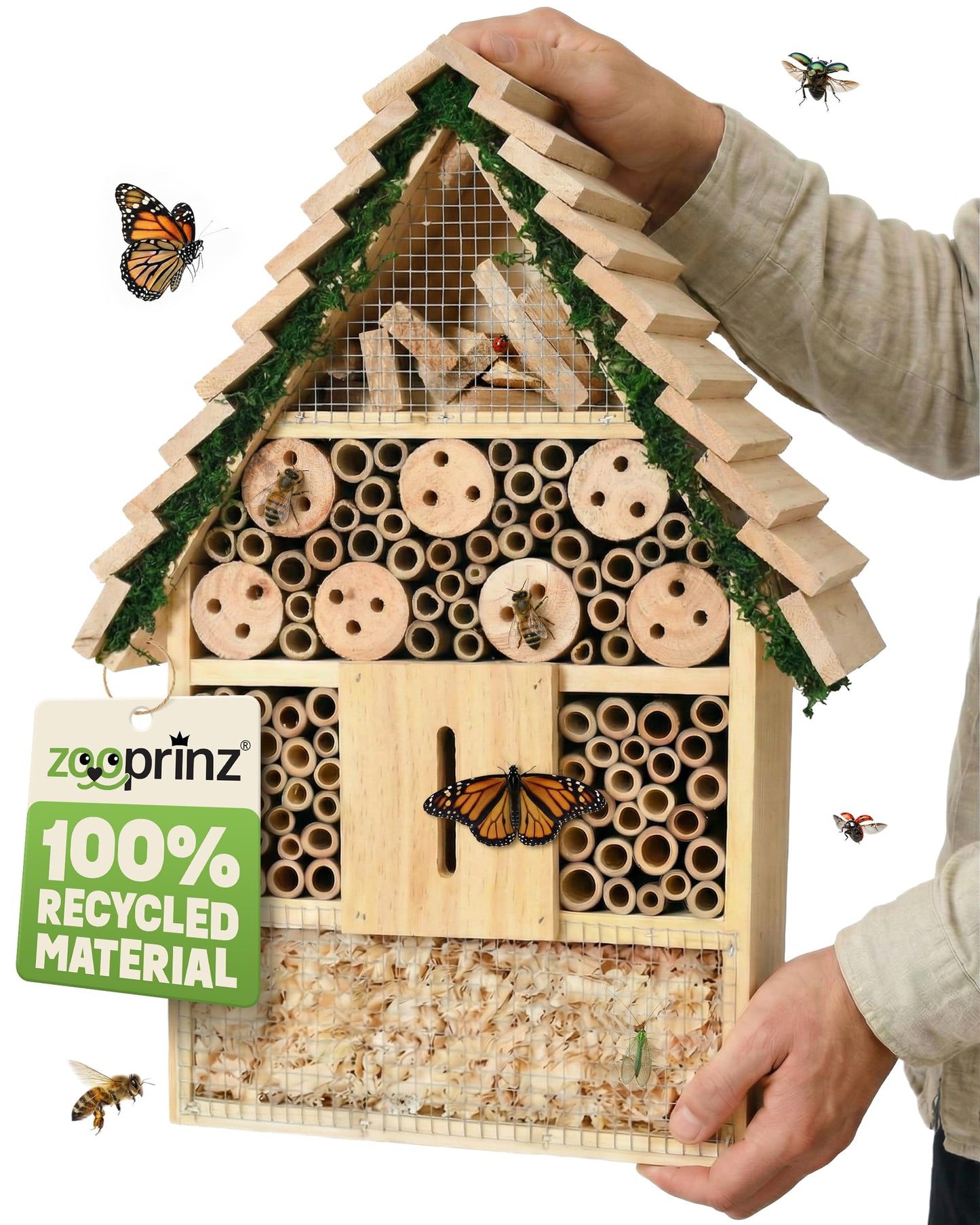 Insektenhotel XXL mit Bambus Nisthilfe (40,5 cm), XXL Insektenhotel – Stufendach (40,5 cm)