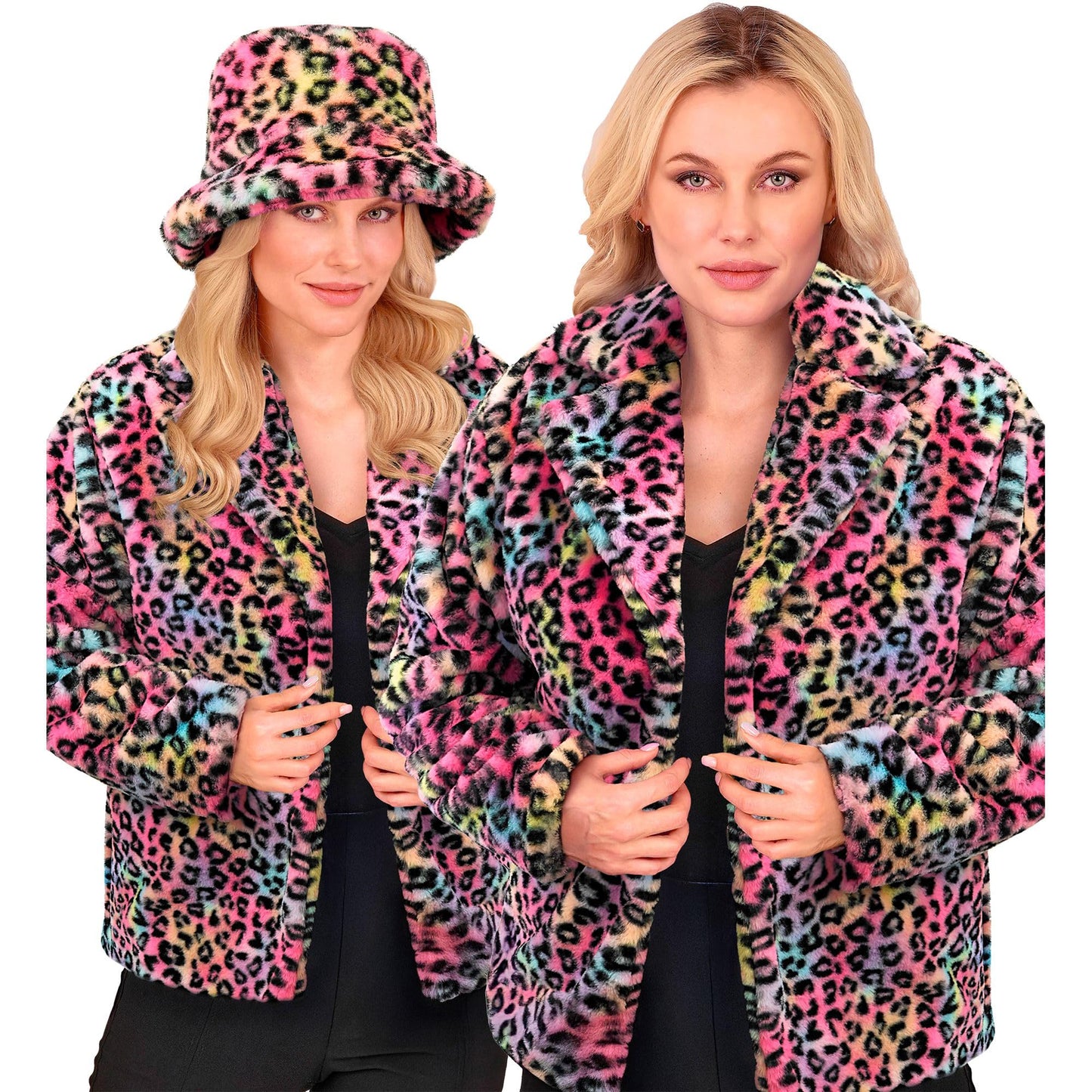 Bunte Animalier Plüschjacke, Bunt - Leopardenmuster L-XL