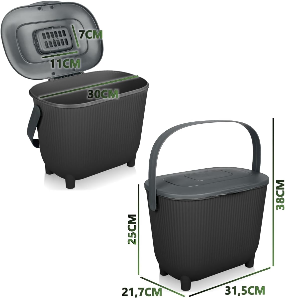 Komposteimer 10L mit Aktivkohlefilter, Schwarz/Dunkelgrau