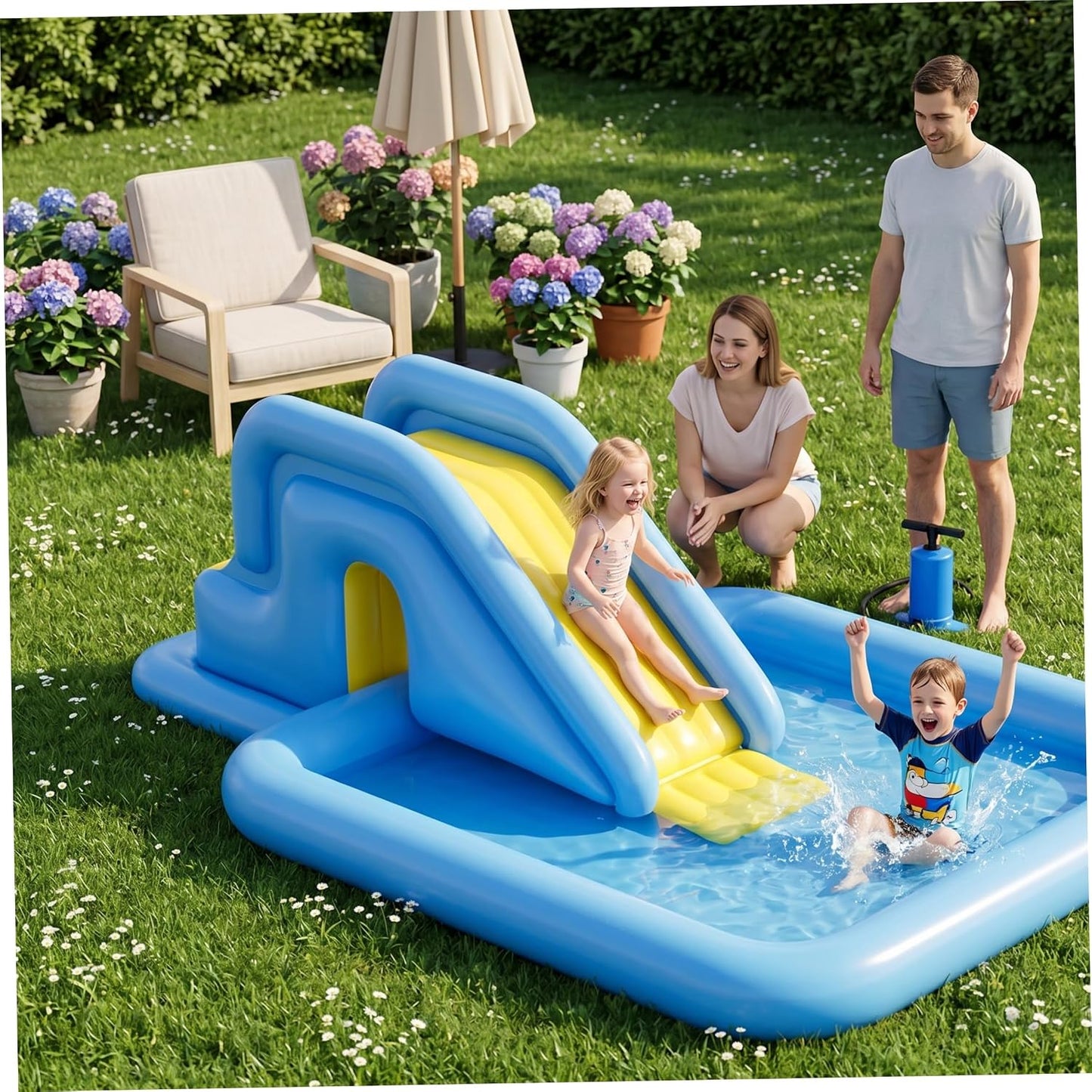 Aufblasbare Pool- und Wasserrutsche mit Fusspumpe, Hellblau