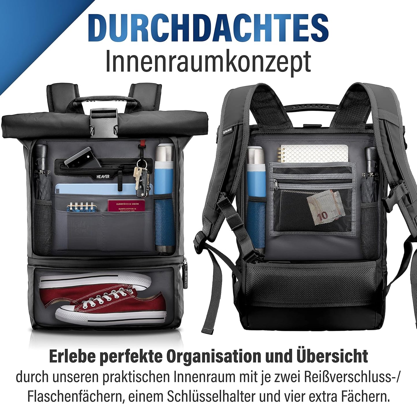 Rolltop Rucksack mit Laptopfach, Schwarz