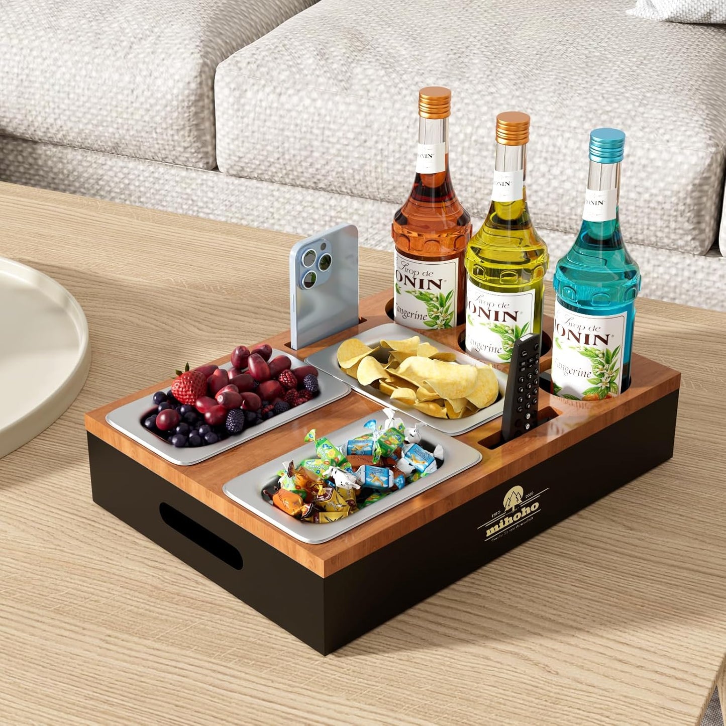 Sofa Organizer mit Snackschalen und Ablagen, Holzfarbe