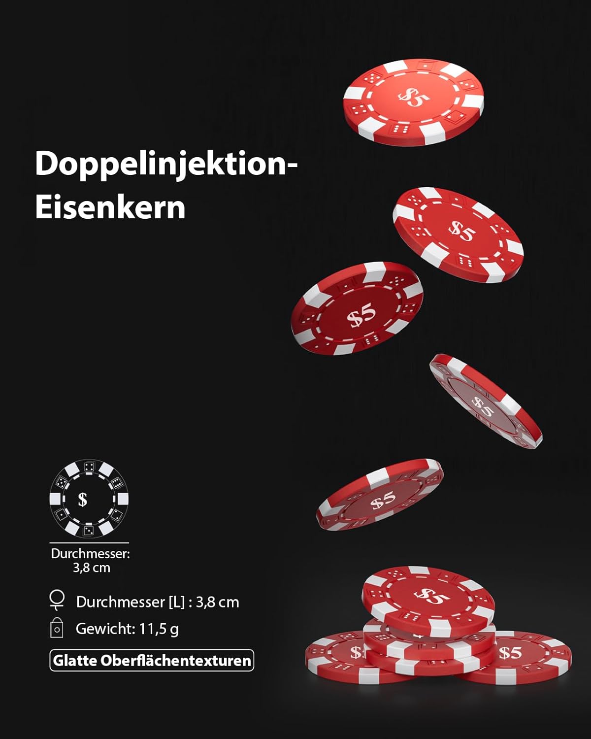 Pokerkoffer Set mit 300 Chips & Zubehör, 300 Chips mit Zahlen