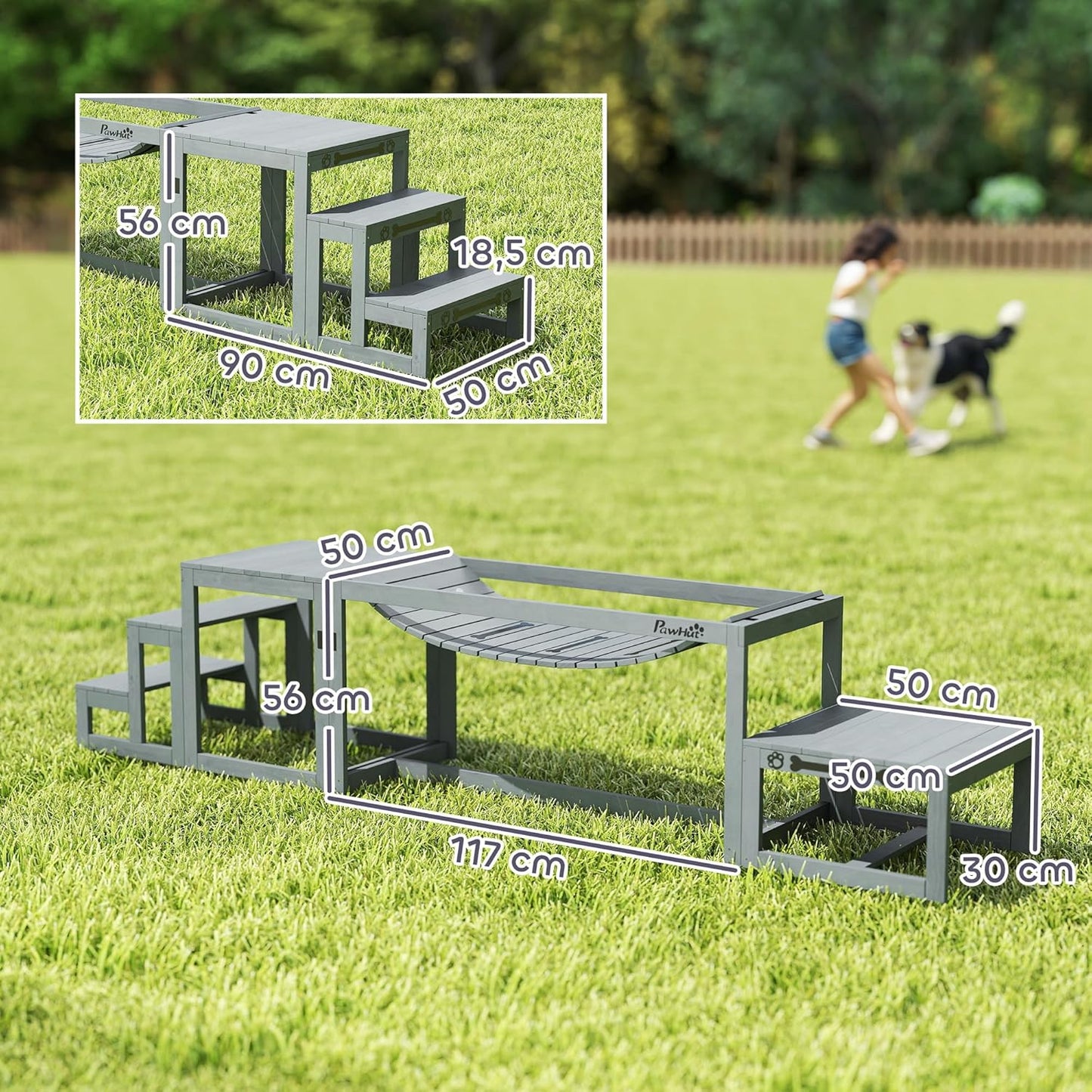 Hunde Agility-Set mit Brücke und Treppe, 3-teilig, bis 40 kg, Grau