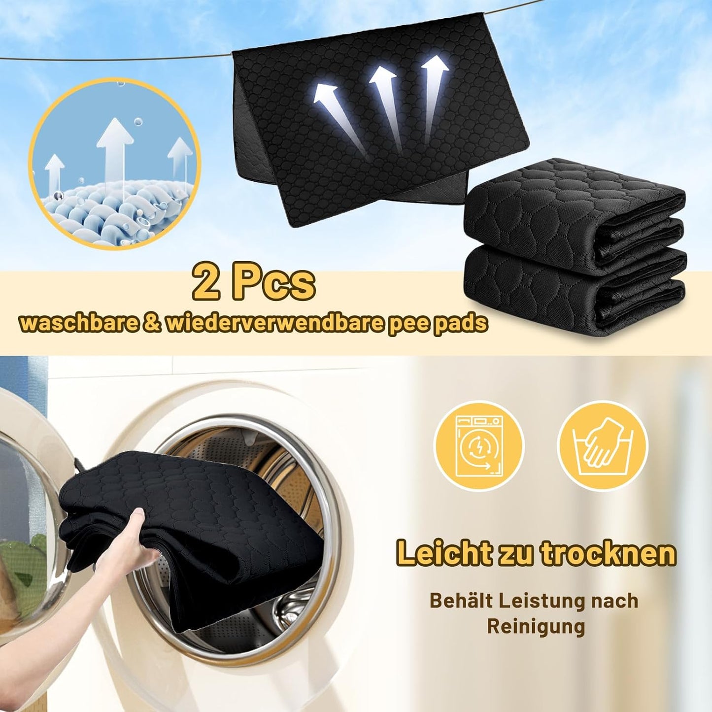 2-teiliges Haustier-Trainingsunterlagen-Set, waschbar & rutschfest, Schwarz 50x70cm