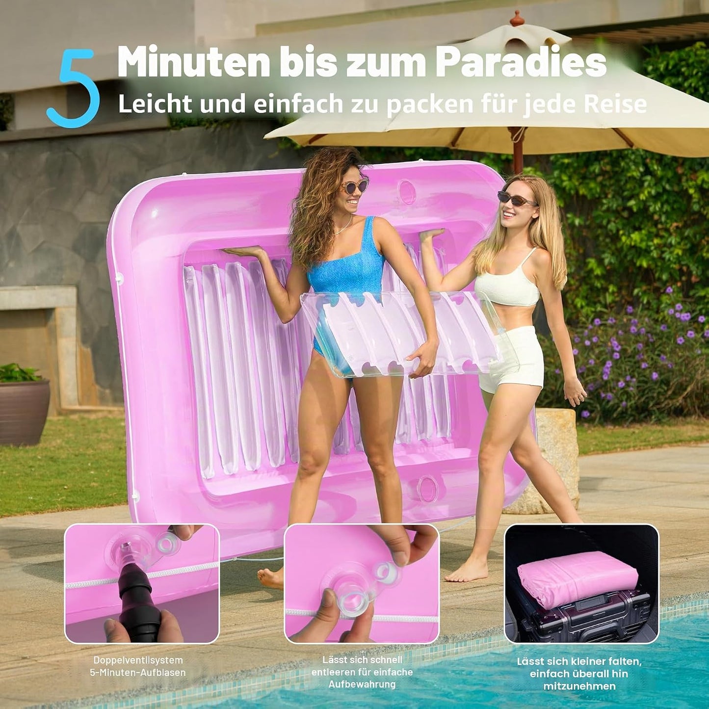 Aufblasbarer Sonnenpool mit abnehmbarem Kissen und Getränkehalter, Rosa-Weiss XL