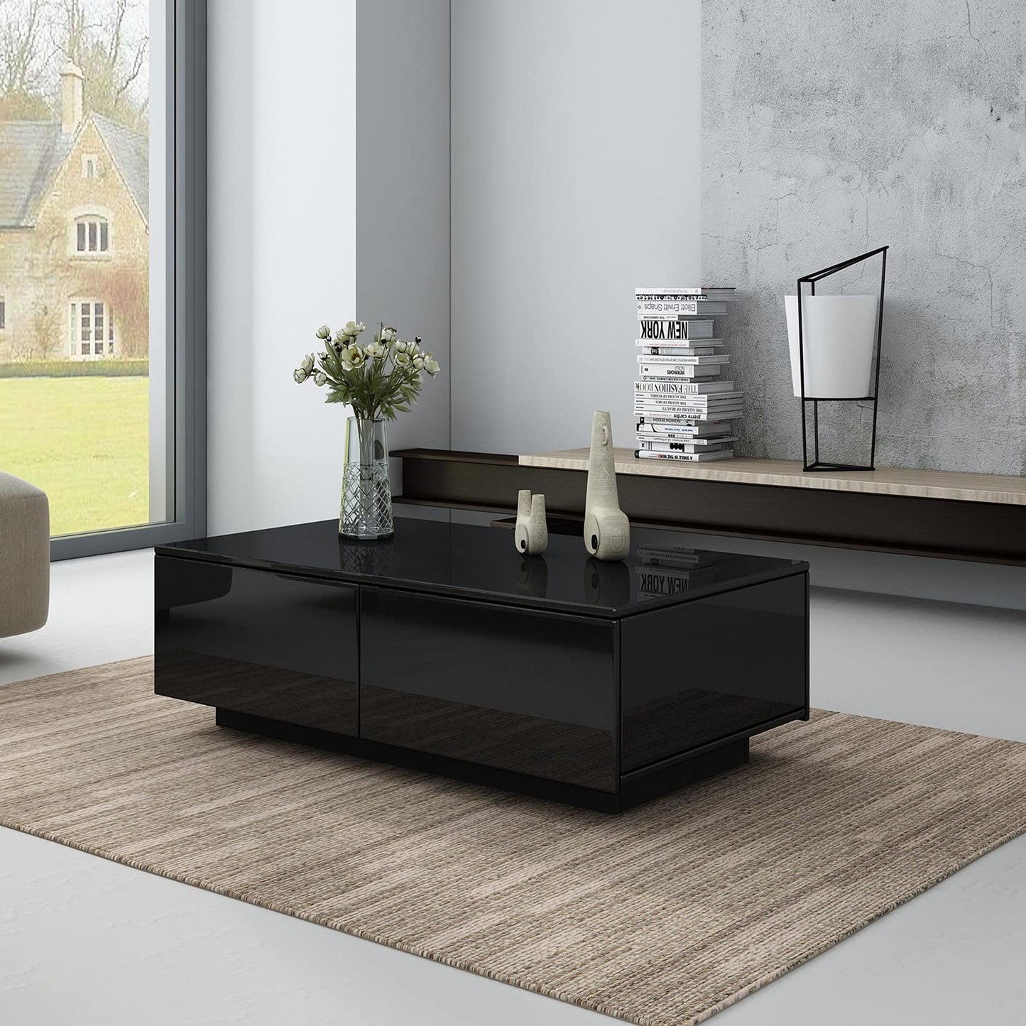 Moderner Couchtisch mit 4 Schubladen, Schwarz