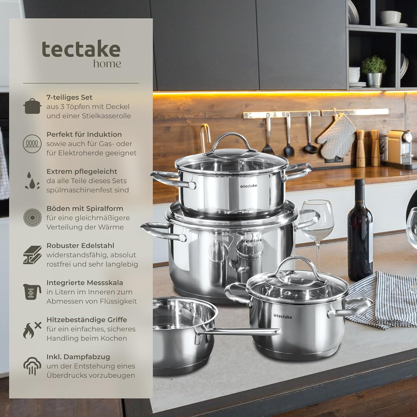 7-teiliges Topf-Kochgeschirr-Set aus Edelstahl, 7-tlg Set
