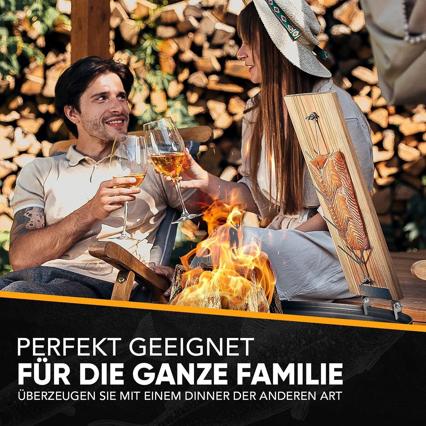 Flammlachsbrett mit Edelstahl-Halterung