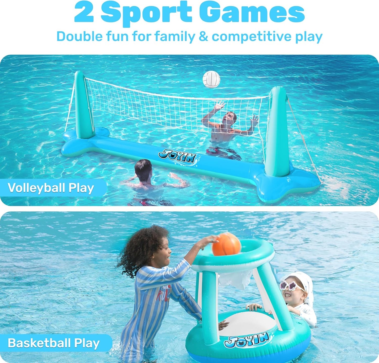 Aufblasbares Pool-Spielset mit Volleyball & Basketball, Blau