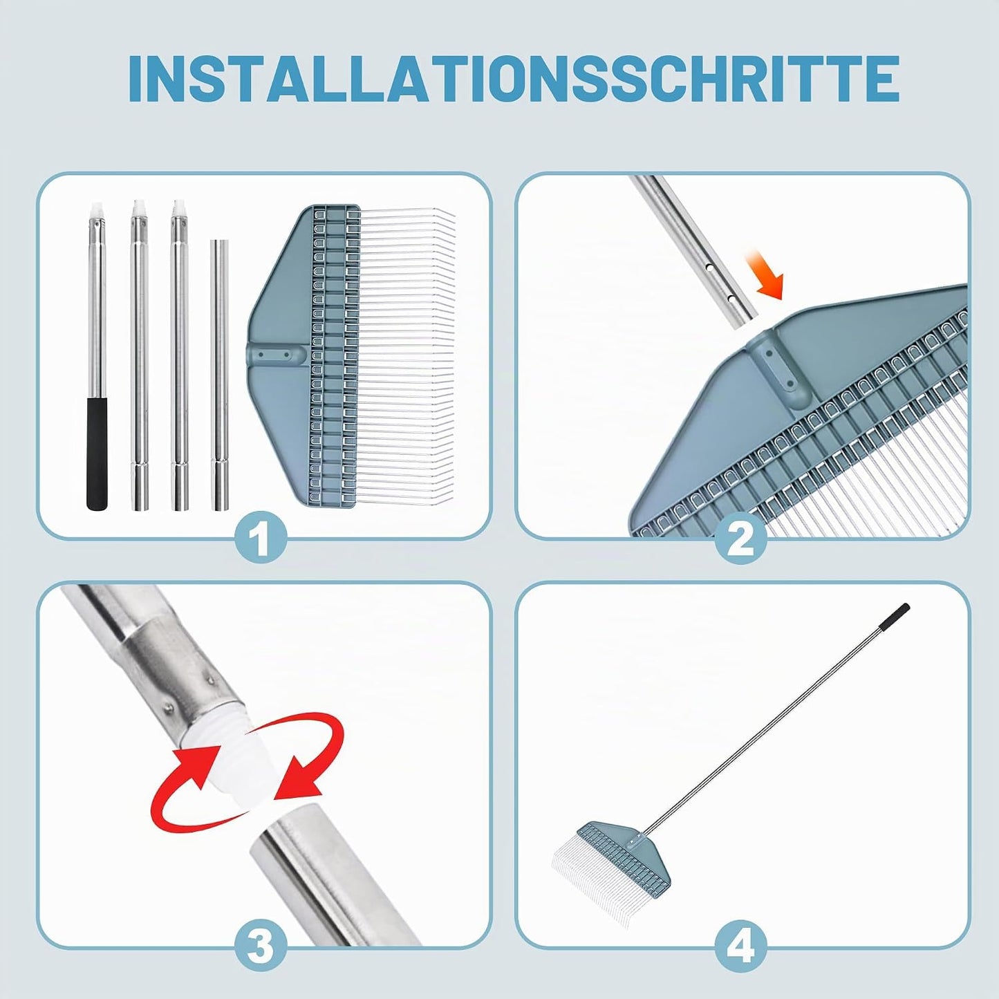 Verstellbarer Laubbesen mit Winkelzahnkopf, Winkelzahnrechen