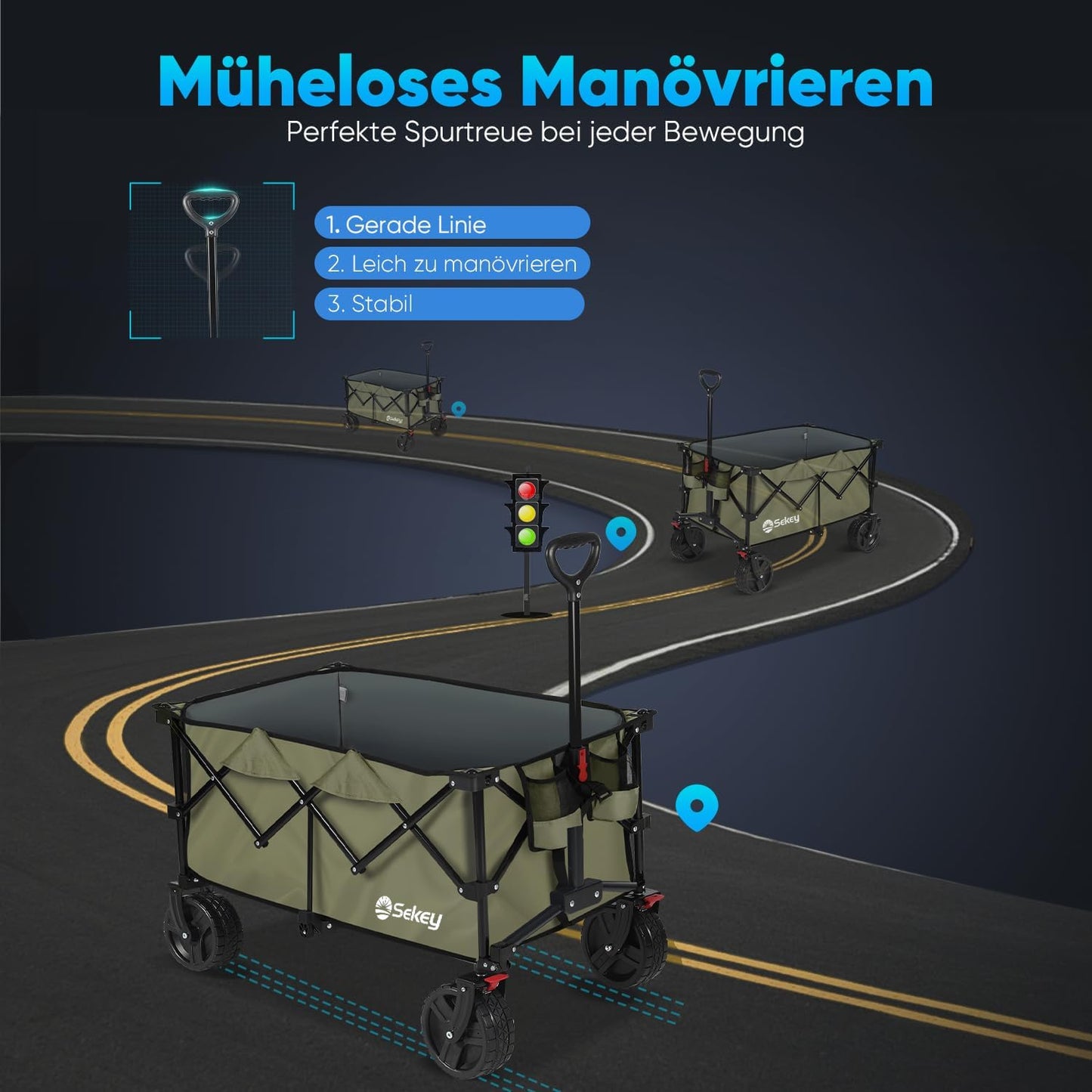 XXL Plus Bollerwagen mit Bremsen, Olivgrün 8cm Räder