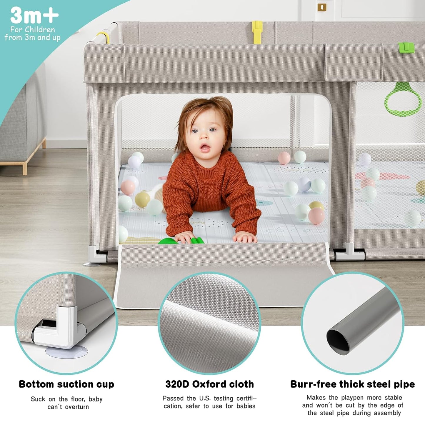 Laufstall mit Spielmatte und Reissverschlusstür, 150x150cm Playpen with mat 150x150cm