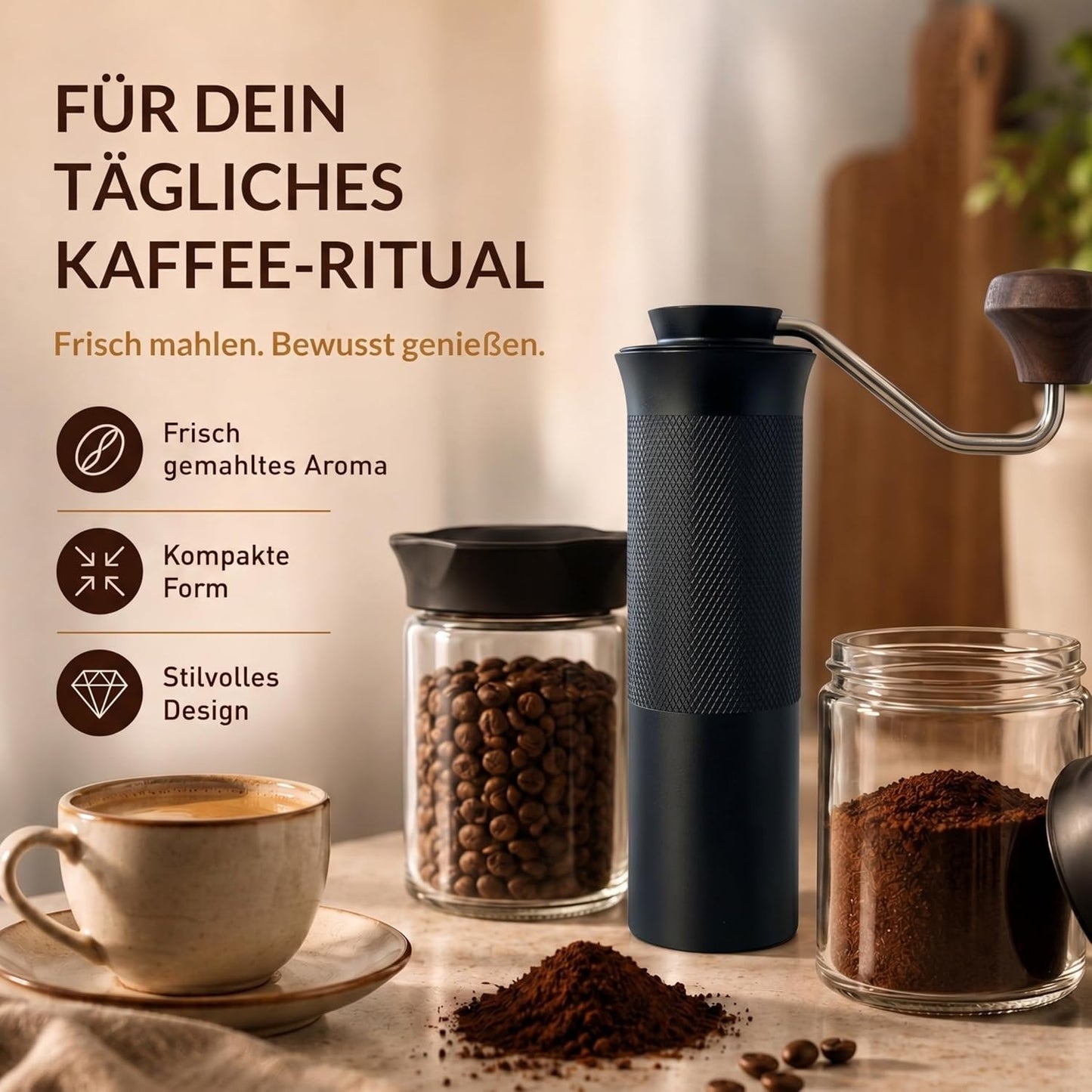 Handkaffeemühle mit Kegelmahlwerk, Walnussgriff