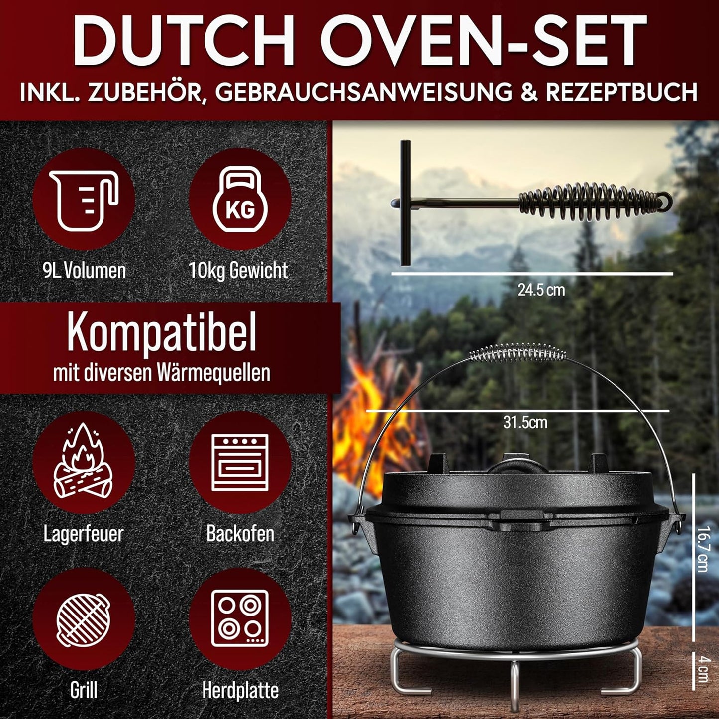 Dutch Oven Set, Topf ohne Fuss 9 Liter