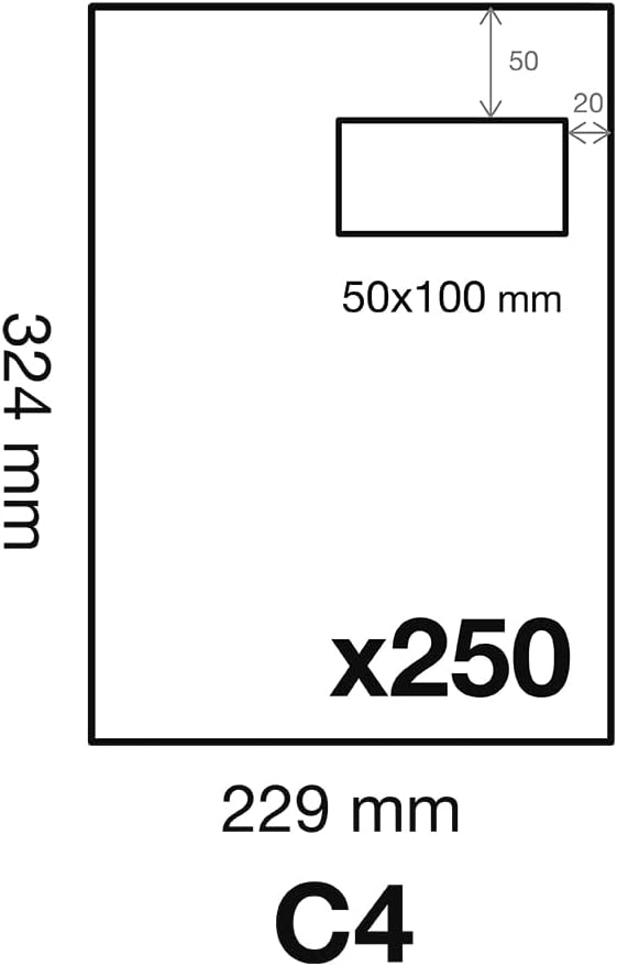 250 Stück Versandtaschen C4 mit Rillen 10350C, selbstklebend, mit Sichtfenster, C4 (229x324 mm)|90g / Position 50x20|250er