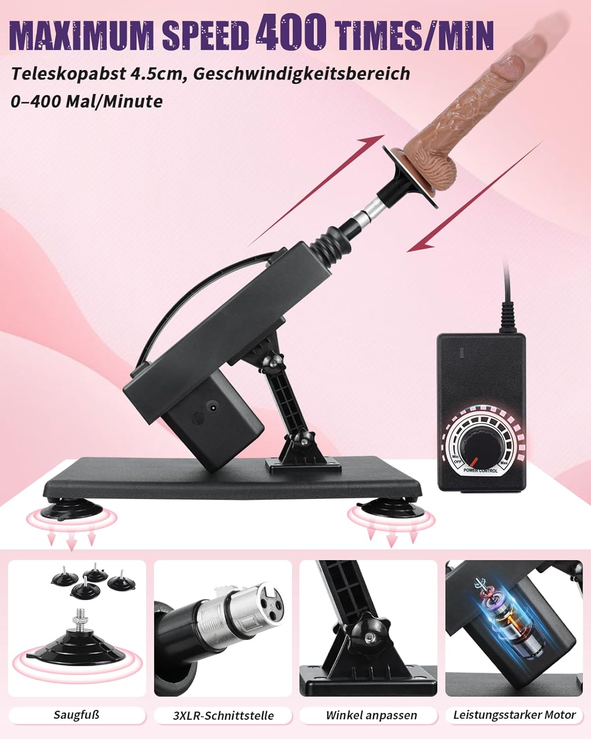 Fickmaschine mit verschiednen Dildo Aufsätzen, Deep Black