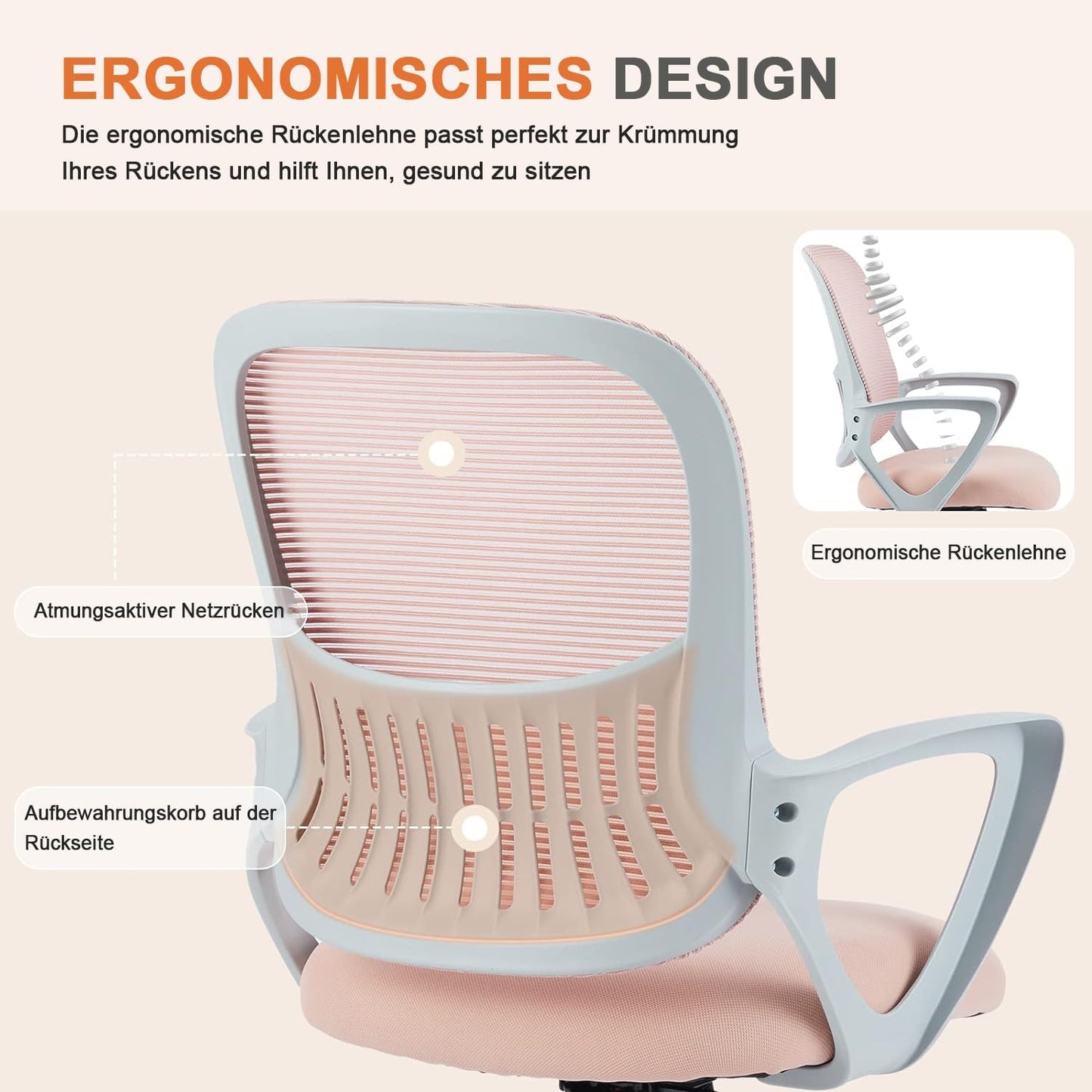Ergonomischer Bürostuhl mit Lendenwirbelstütze, Rosa