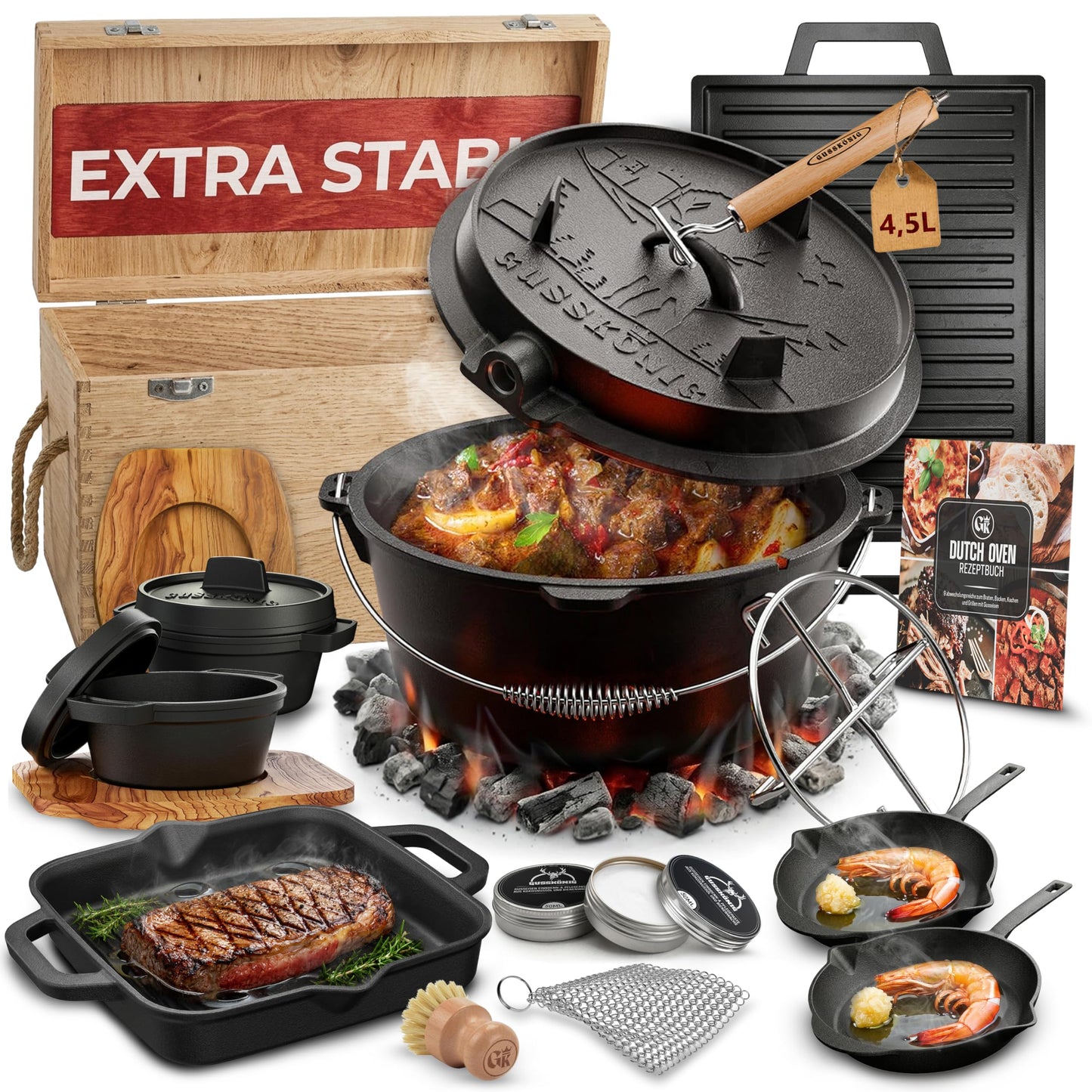 12-teiliges Dutch Oven Set mit Rezeptbuch & Pflegepaste, Schwarz Medium Set