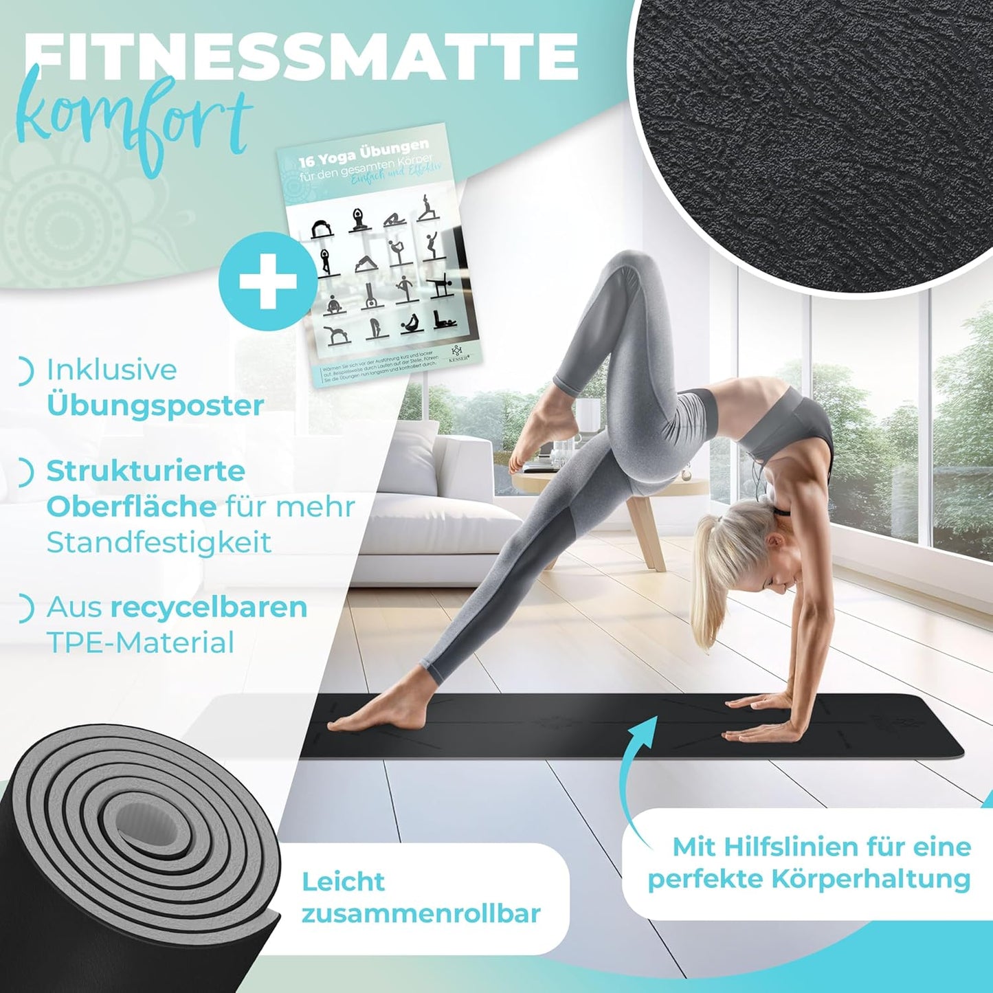 Yogamatte mit Tragegurt, Schwarz