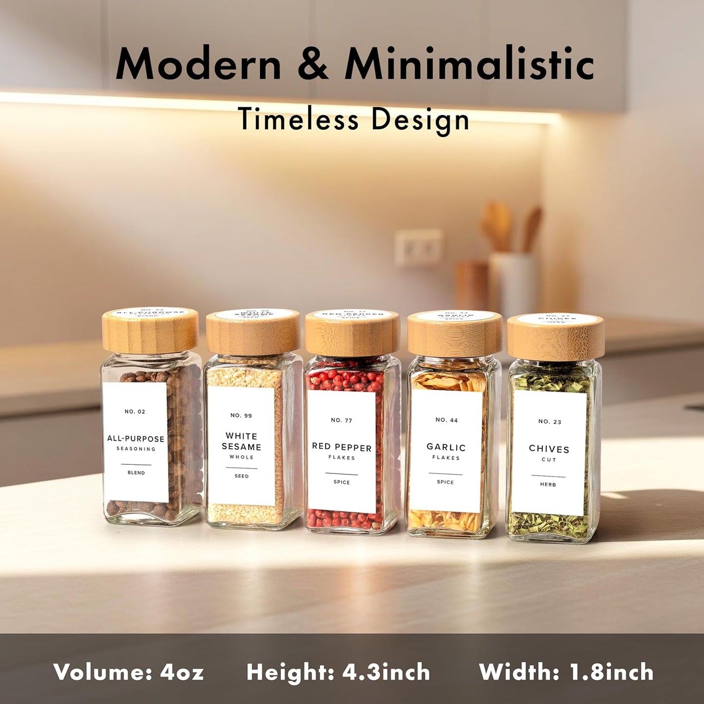 36er-Set Gewürzgläser mit Bambusdeckel und Zubehör, 36x Bamboo Jars White Stickers