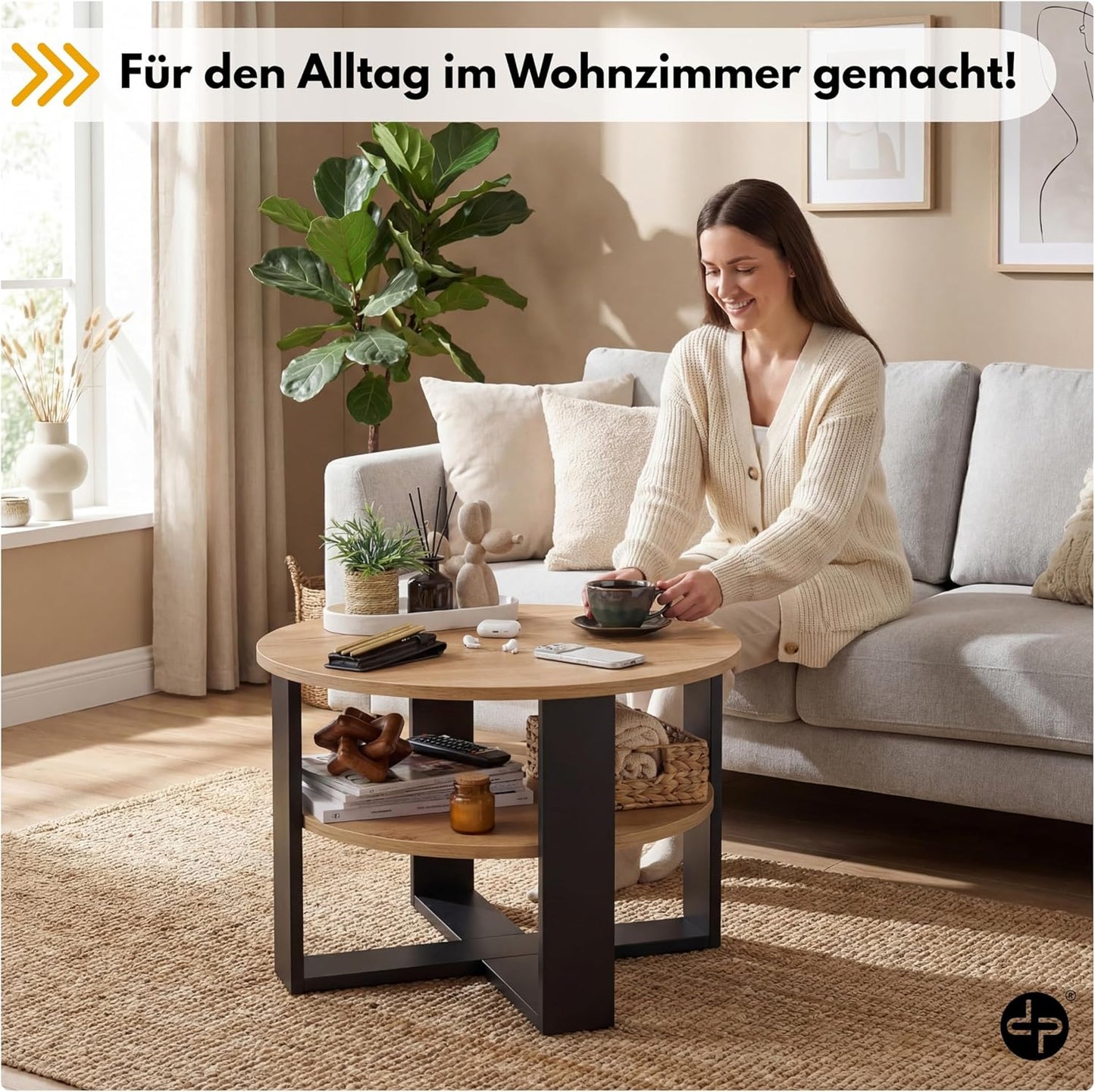 Runder Couchtisch mit Ablage, Schwarz & Eiche Durchmesser: 68CM