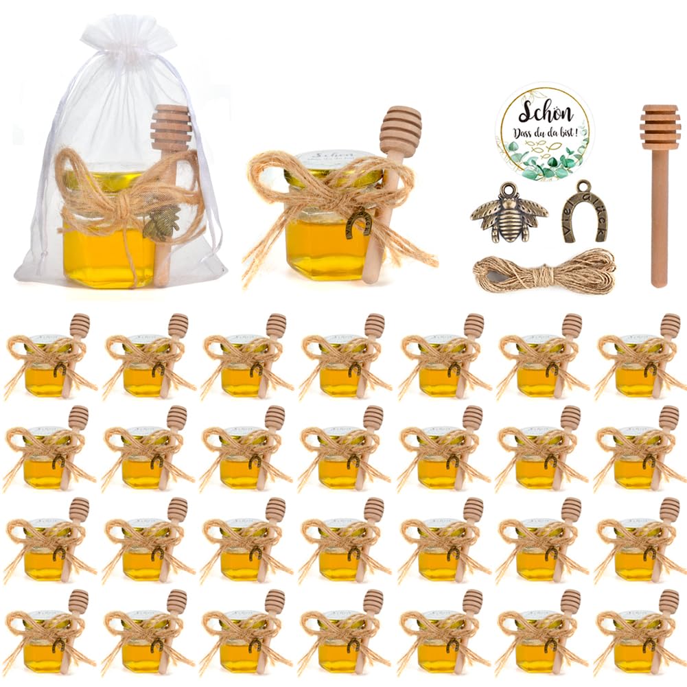Honiggläser-Set mit Löffeln und Anhängern
