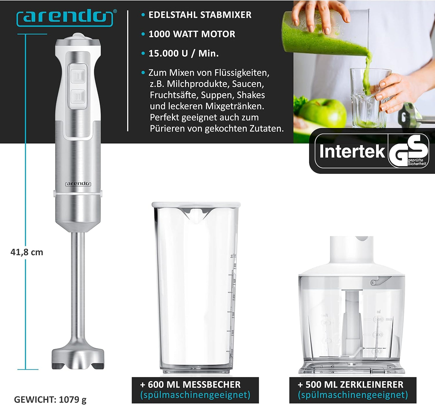 Stabmixer Set Mano mit Turbotaste und Messbecher, B : Weiss