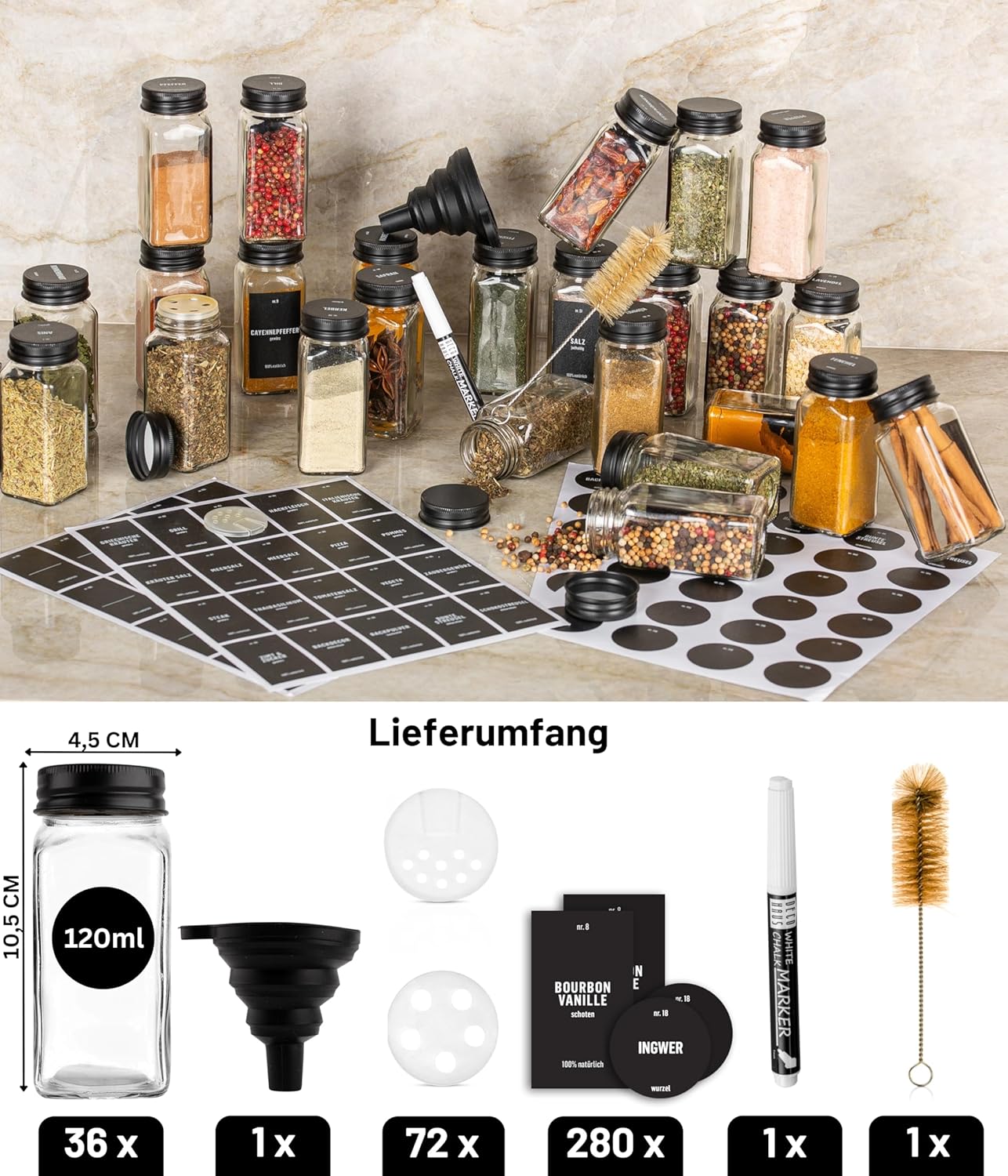 36-teiliges Gewürzgläser Set, 36er Set - Schwarz deckel