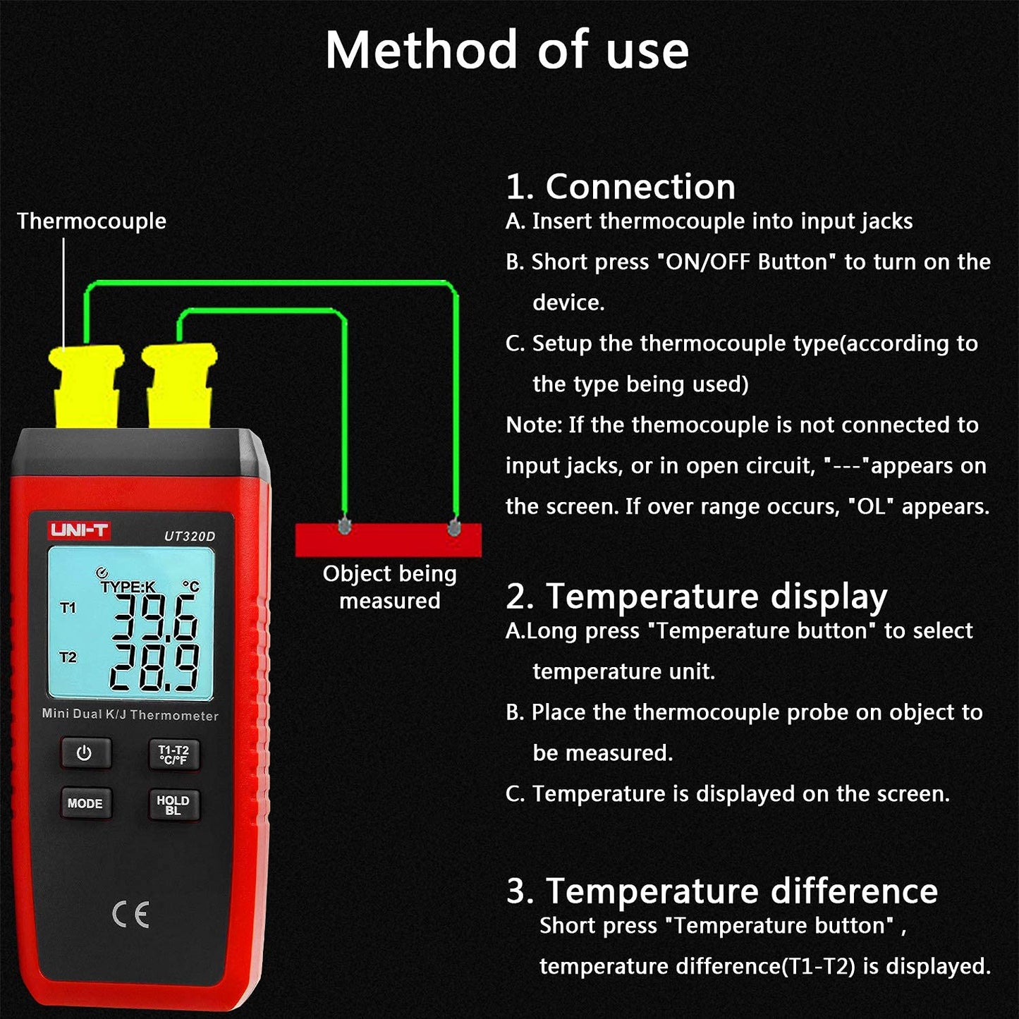 Digitales Thermometer UT320D mit 2 K-Sonden