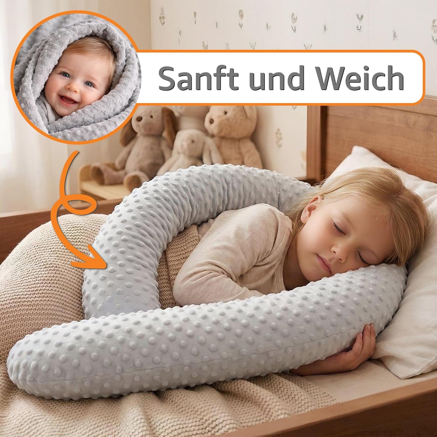 Bettschlange mit waschbarem Bezug, Hellgrau 150 cm