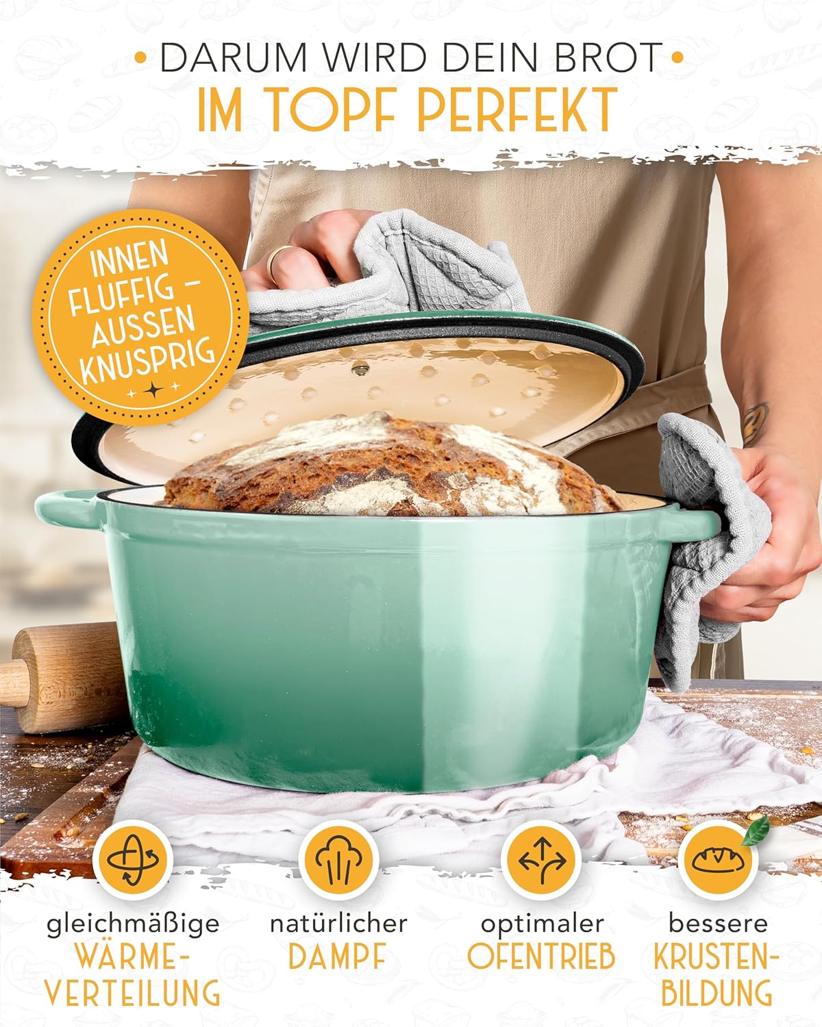 Brotbacktopf mit Deckel, backofengeeignet, Emaille Topf 4,7l - Mint - Einzeln