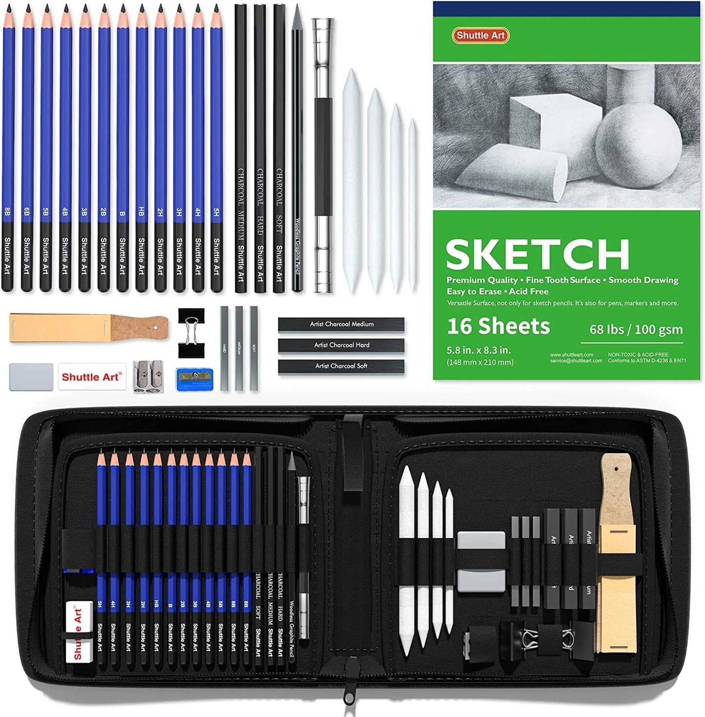 37-teiliges Zeichenstifte Set inkl. Tasche und Skizzenbuch