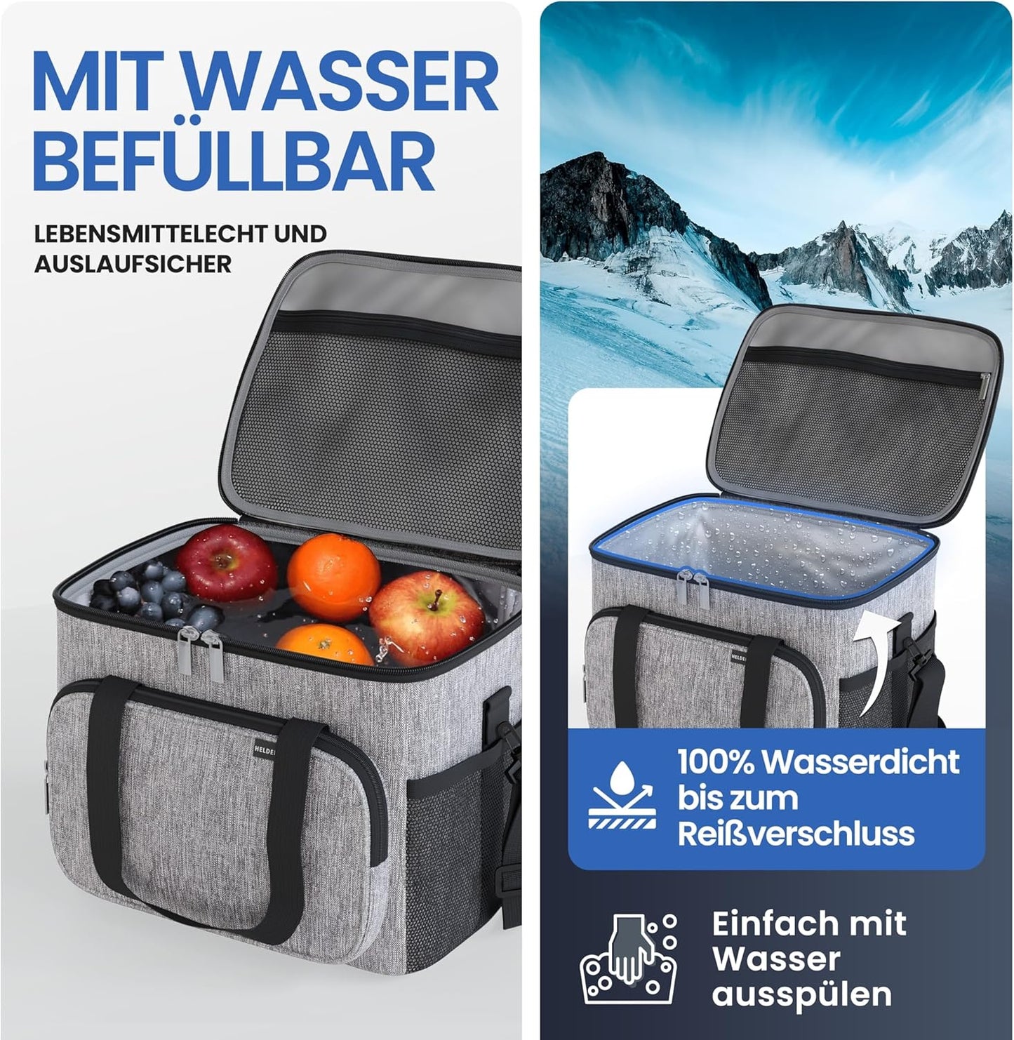 Faltbare Isoliertasche 20L, auslaufsicher & wasserdicht, Grau 20L